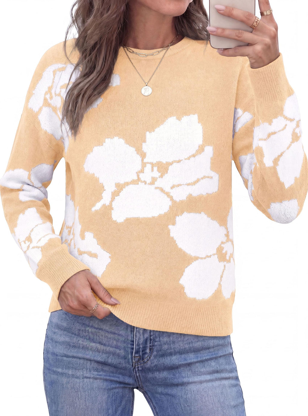 PRETTYGARDEN Womens Floral Sweater Crewneck Printed Pullover Tops,Soft Slouchy Knit Sweater,Casual Long Sleeve,Fall Fashion,Cute Winter Clothes,Work Office Travel Vacation Outfits