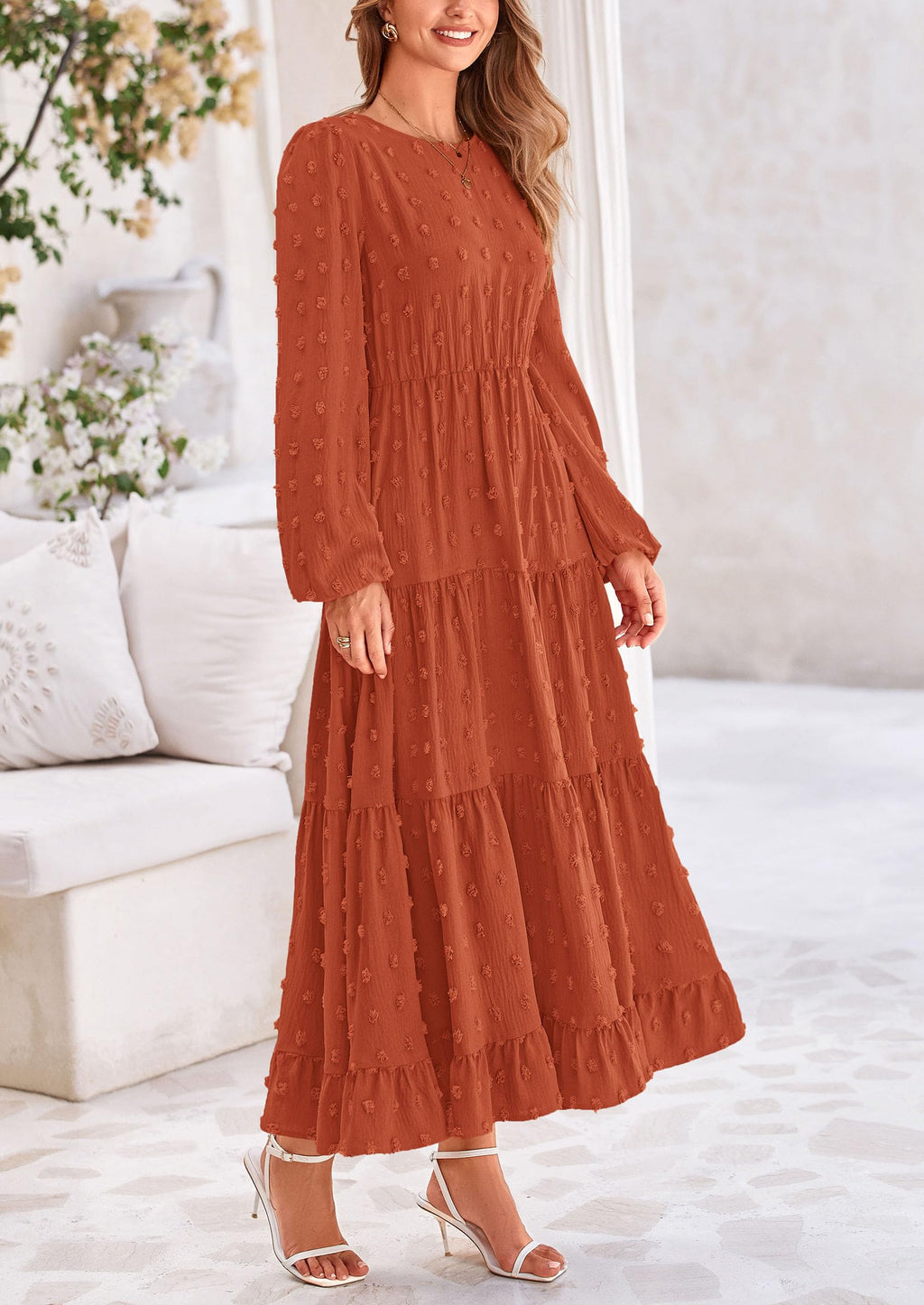 PRETTYGARDEN Women's Fall Spring Elegant Long Sleeve Maxi Dress Swiss Dot A Line Flowy Casual Holiday Party Going Out Dresses