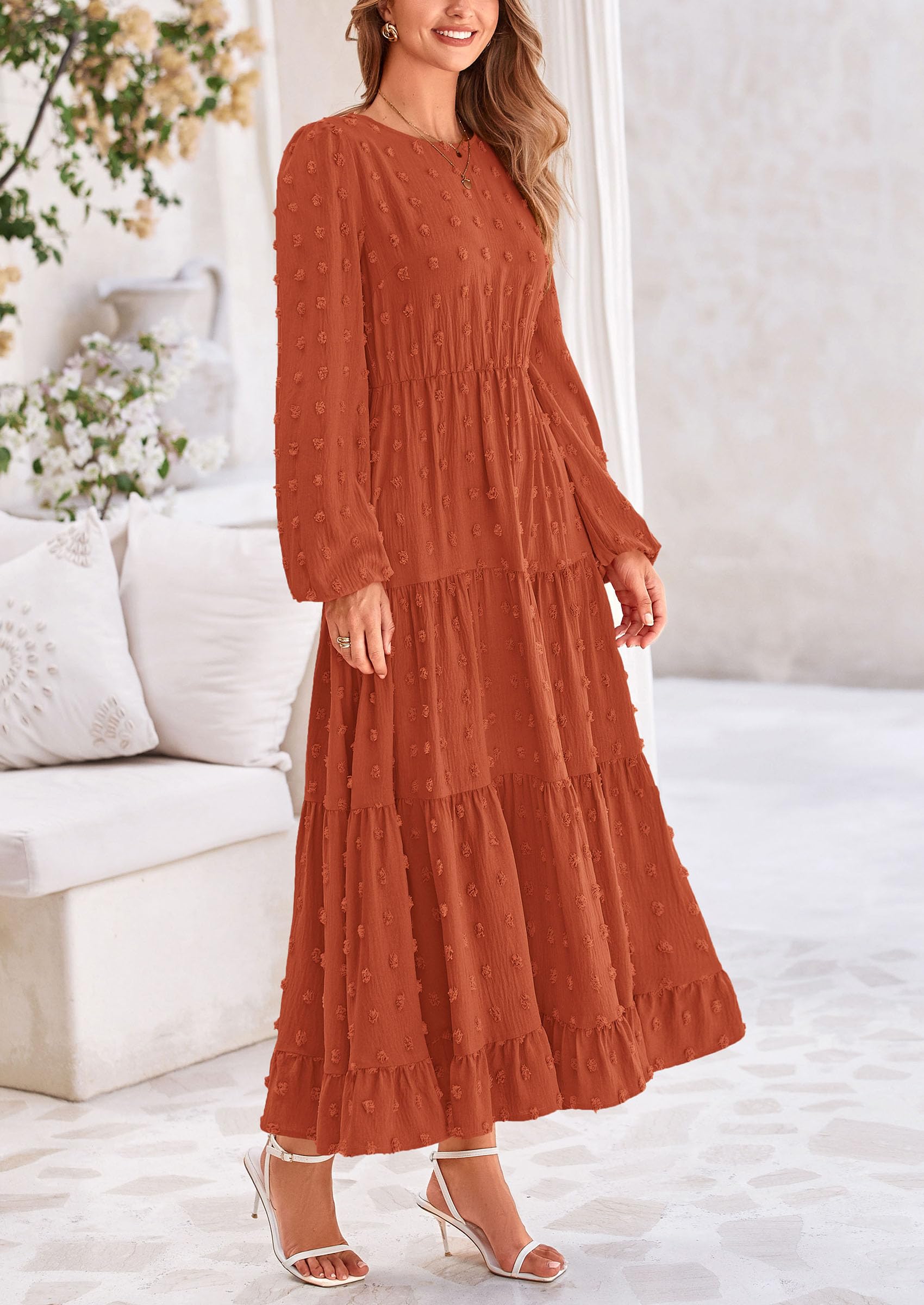 PRETTYGARDEN Women's Fall Spring Elegant Long Sleeve Maxi Dress Swiss Dot A Line Flowy Casual Holiday Party Going Out Dresses