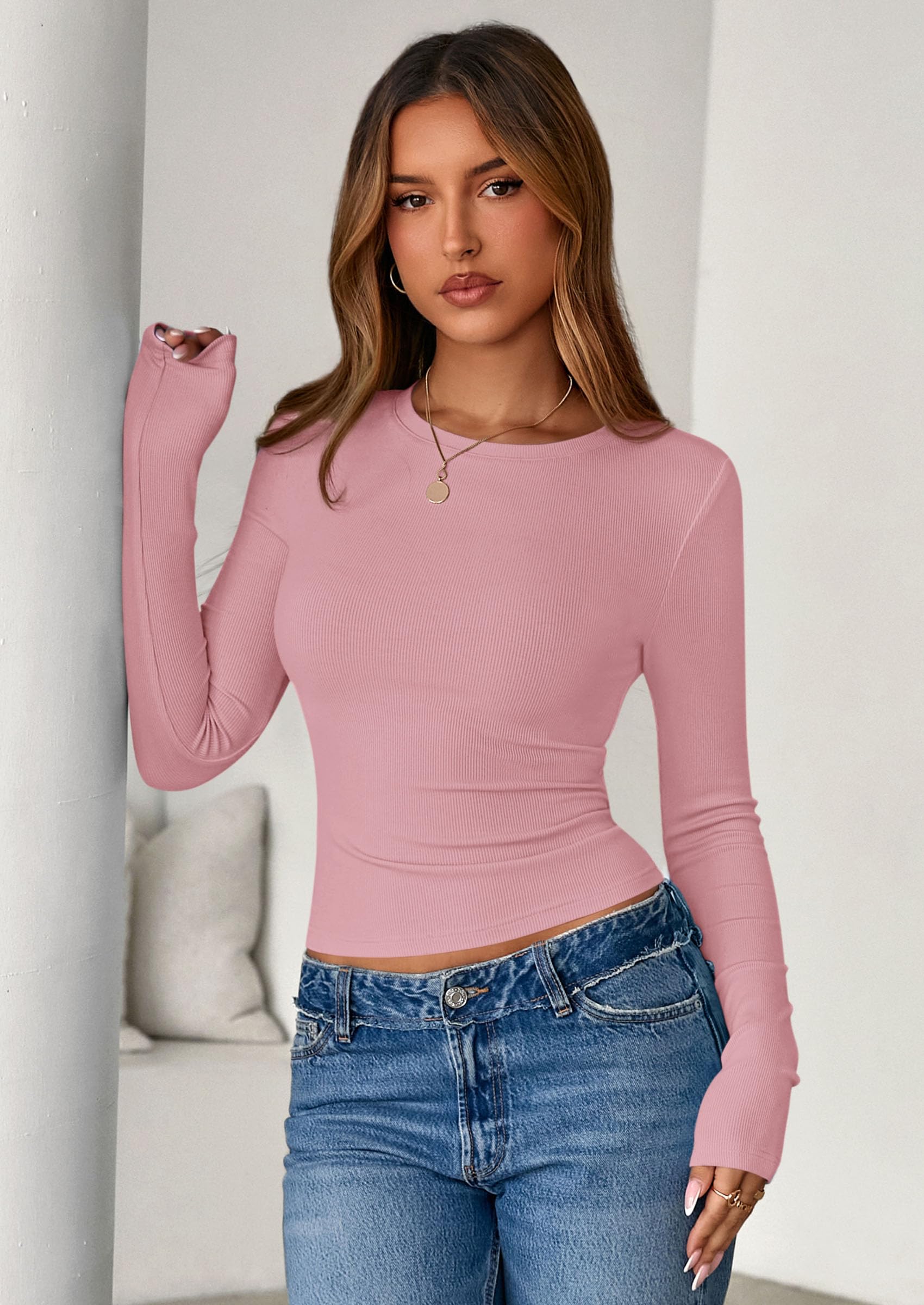 PRETTYGARDEN Women Fall Clothes Long Sleeve Shirts Ribbed Knit Fitted Basic Tee Going Out Tops Underscrub Casual Outfits