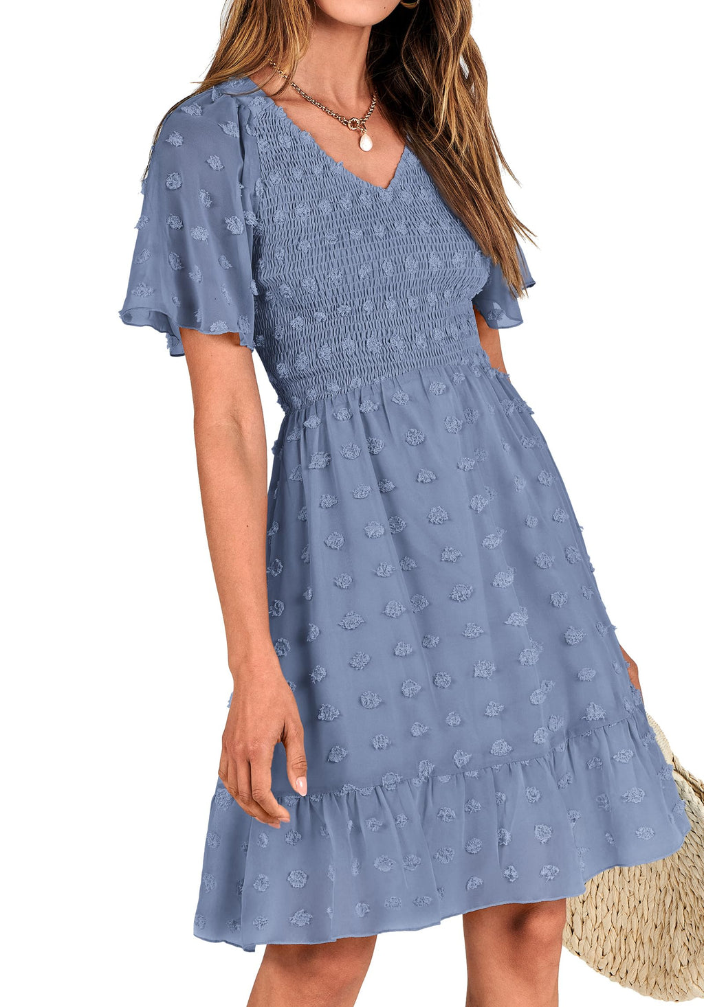 FreshPretty Womens Beach Vacation Dress Summer V Neck Short Sleeve Smocked Swiss Dot Cute Ruffle Casual Fall Mini Dresses