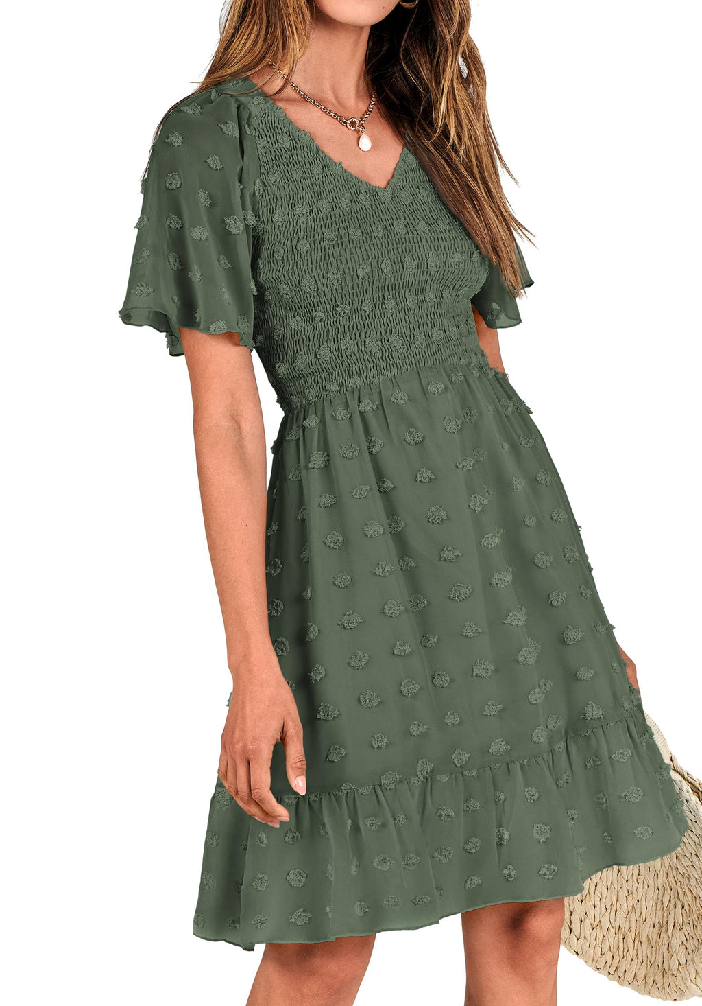 FreshPretty Womens Beach Vacation Dress Summer V Neck Short Sleeve Smocked Swiss Dot Cute Ruffle Casual Fall Mini Dresses