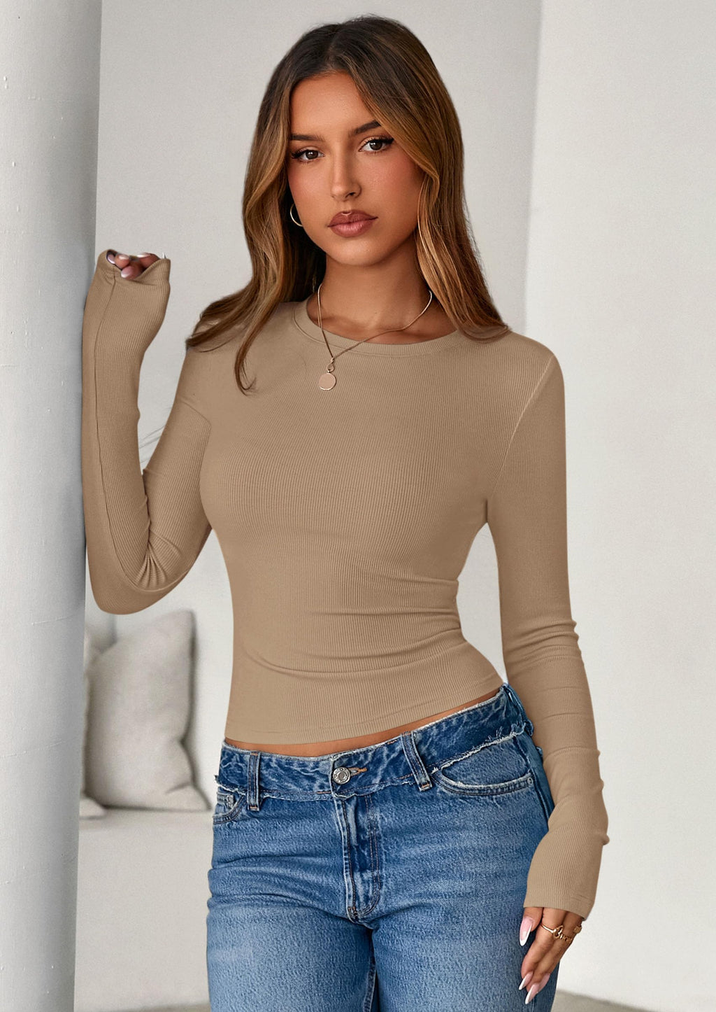 PRETTYGARDEN Women Fall Clothes Long Sleeve Shirts Ribbed Knit Fitted Basic Tee Going Out Tops Underscrub Casual Outfits