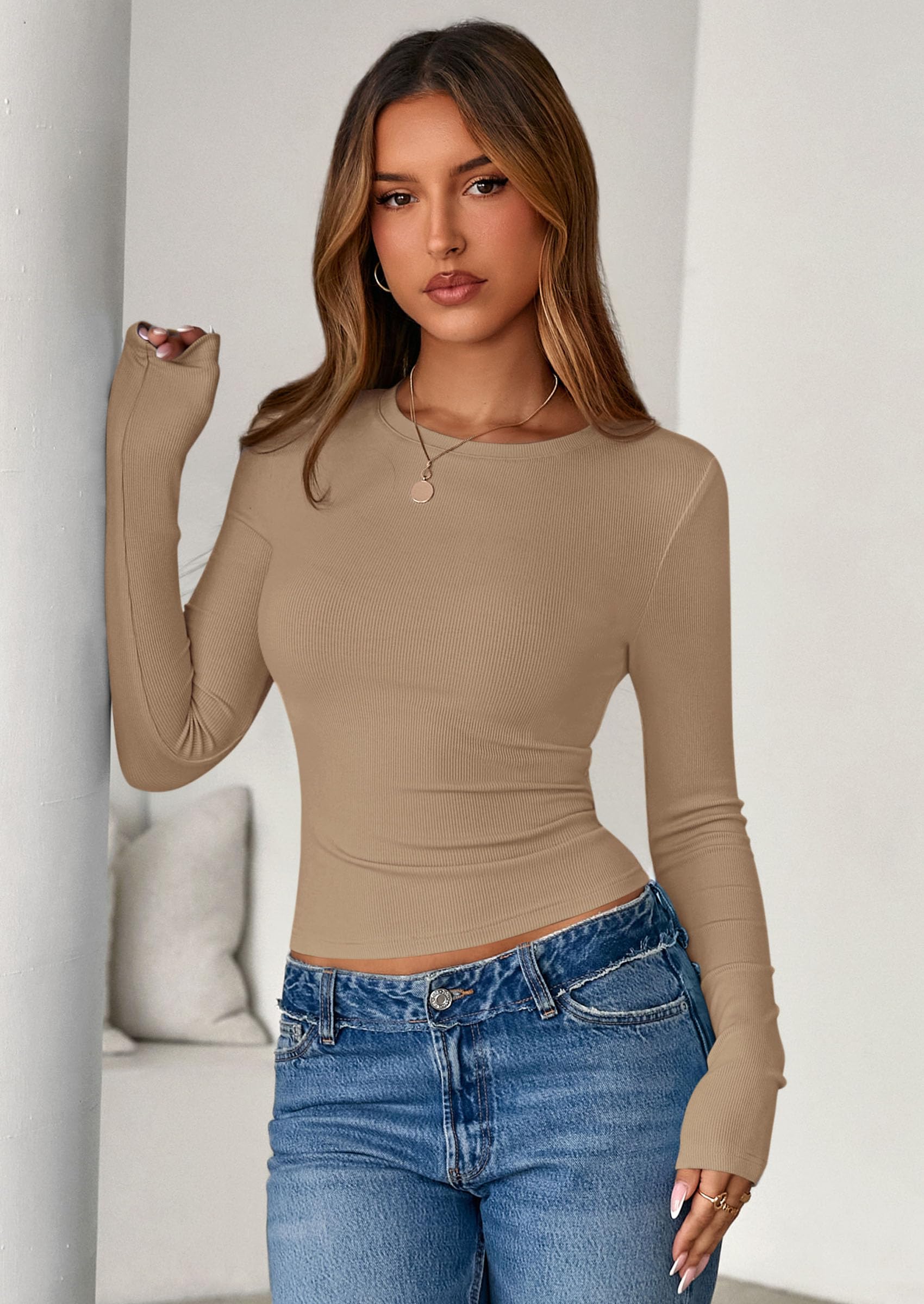 PRETTYGARDEN Women Fall Clothes Long Sleeve Shirts Ribbed Knit Fitted Basic Tee Going Out Tops Underscrub Casual Outfits