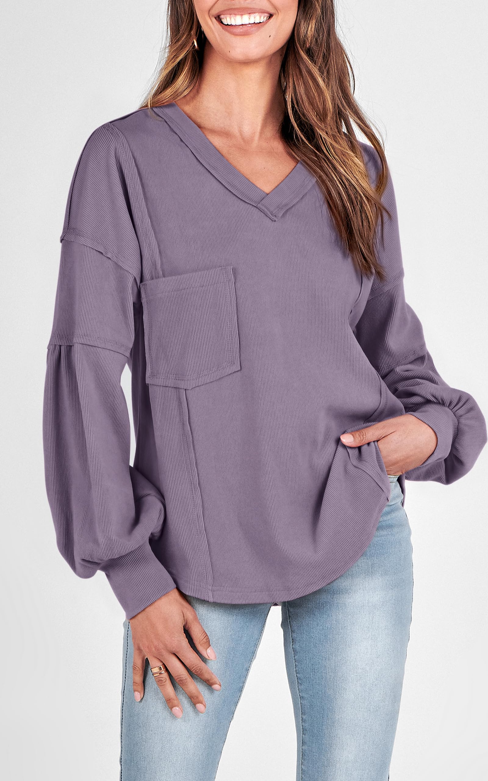 FreshPretty Womens Fall Fashion Long Sleeve Shirts Casual V Neck Ribbed Knit Blouses Pullover Trendy Loose Fit Tunic Tops