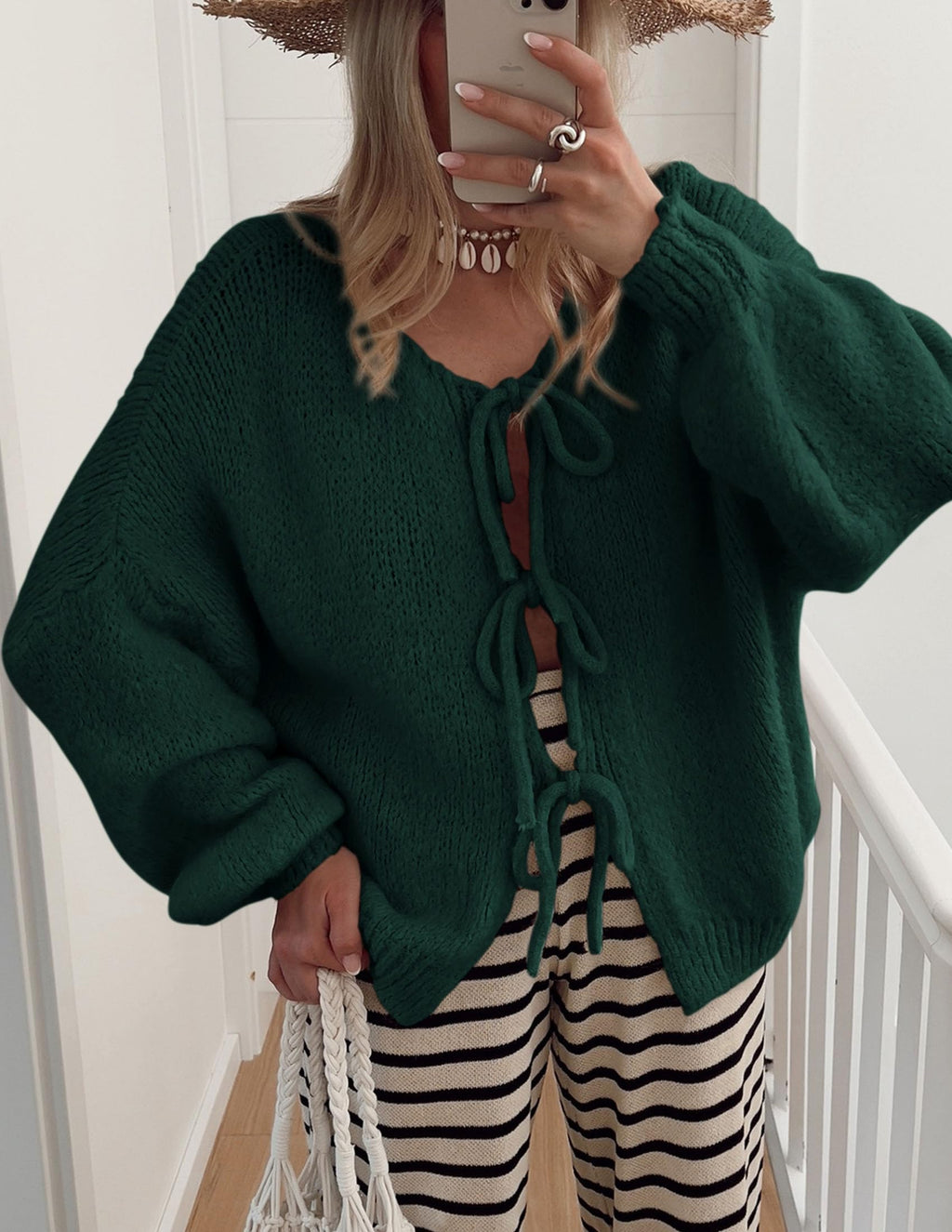 PRETTYGARDEN Women's Tie Front Bow Cardigan Sweaters Chunky Knit Long Puff Sleeve Trendy Fall Winter Jacket Coat