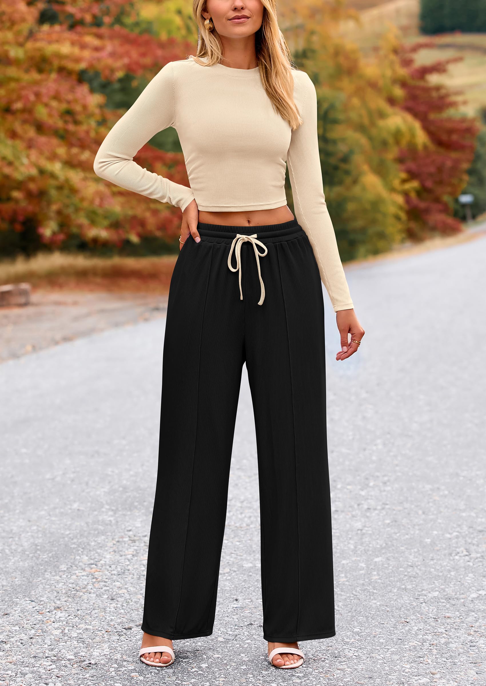 PRETTYGARDEN Women's 2 Piece Loungewear Long Sleeve Crop Top Wide Leg Palazzo Pants Set Tracksuits Casual Outfit