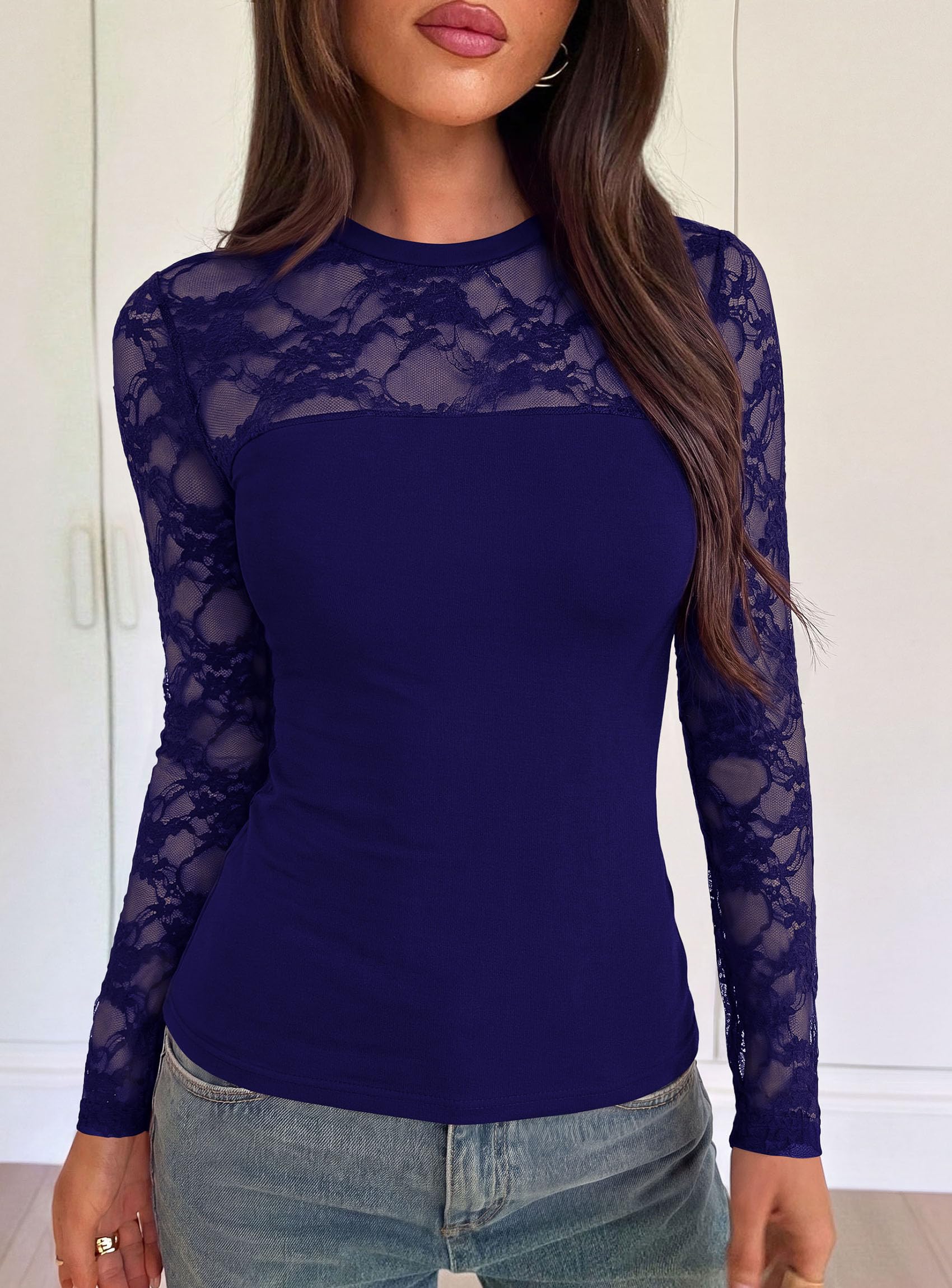 PRETTYGARDEN Womens Mesh Sheer Shirts Lace Long Sleeve Tops