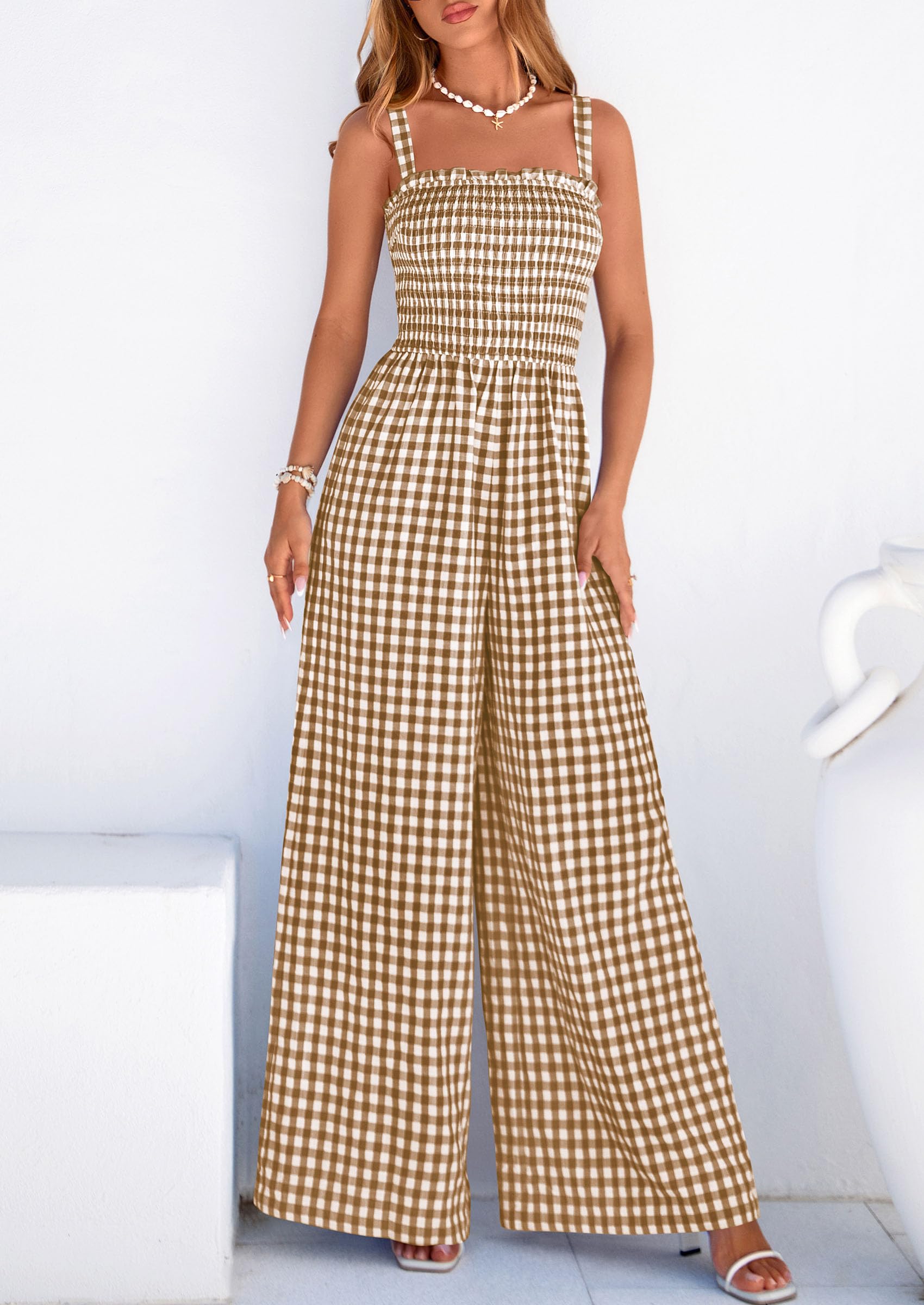 PRETTYGARDEN One Piece Jumpsuits for Women Casual Summer Cruise Outfits  Spring Fashion Smocked Wide Leg Gingham Rompers
