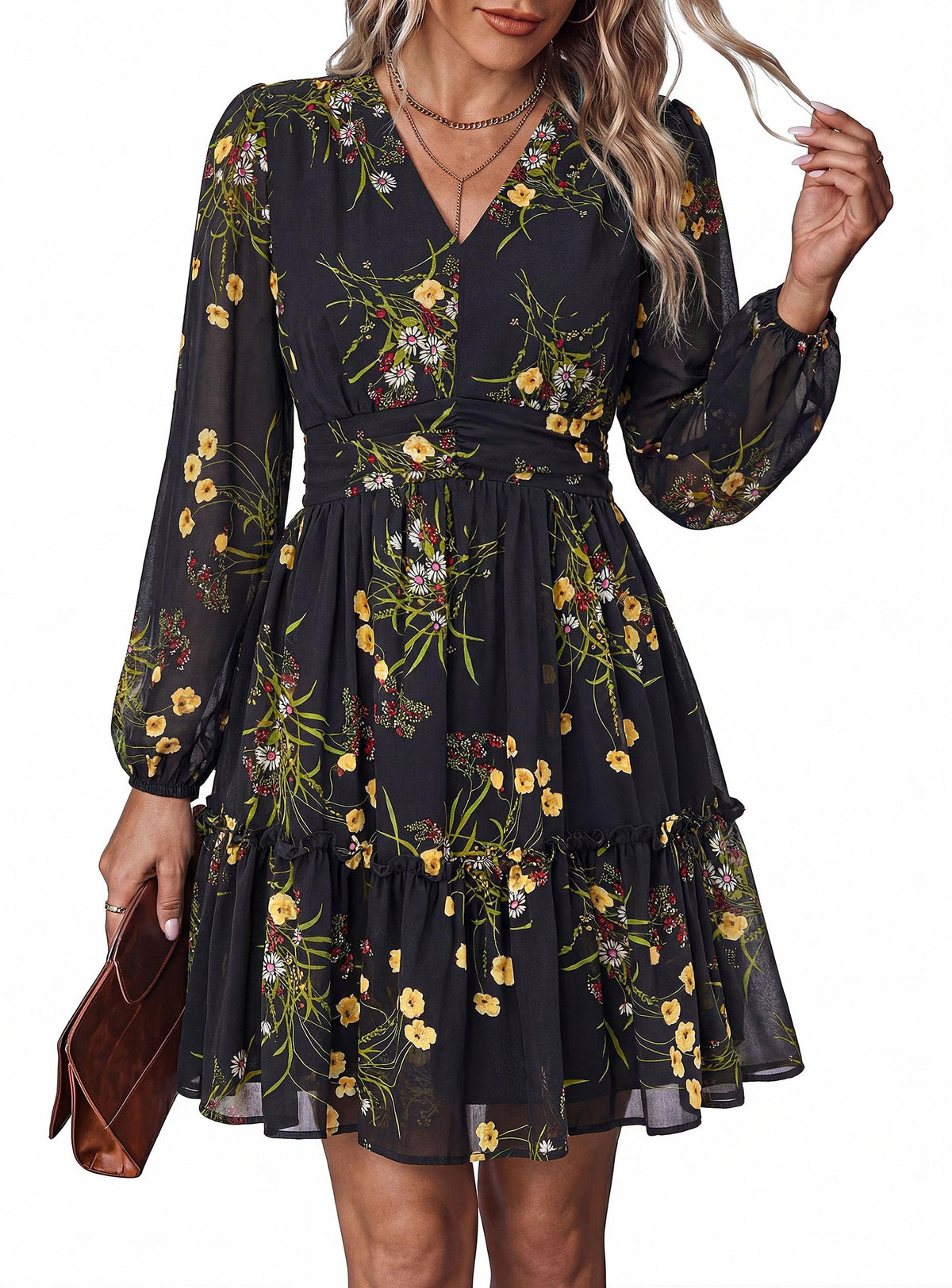 PRETTYGARDEN Women Floral Long Sleeve Mini Dress | Fall Wedding Guest Dresses, V Neck, Fit & Flare, Ruffle Hem A-Line, Short Chiffon Dress, Elegant Holiday Party, Date Outfits