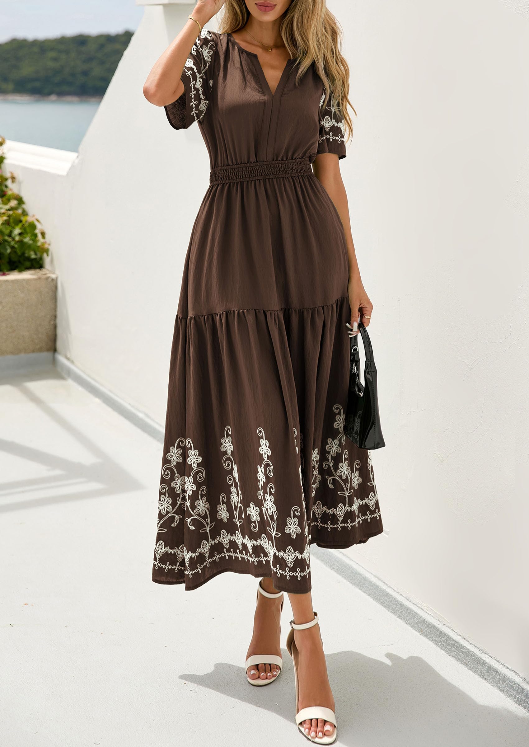 PRETTYGARDEN Women's Summer Boho Maxi Dress Spring Floral Short Sleeve V Neck A Line Flowy Beach Wedding Guest Dresses