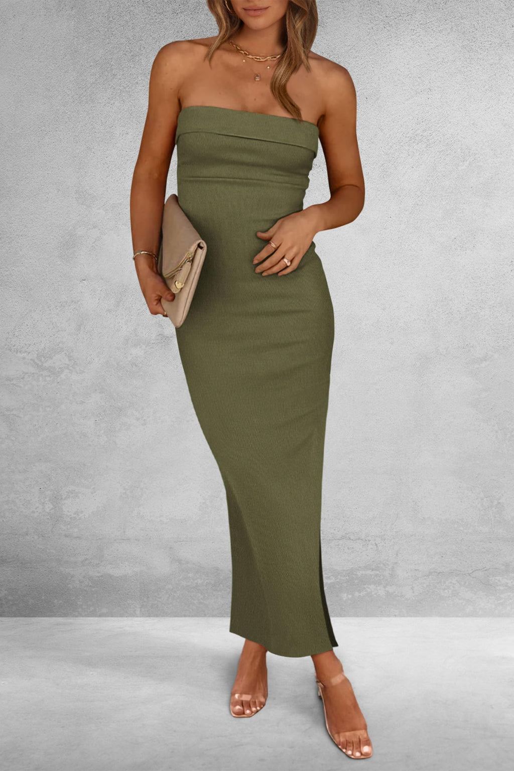 PRETTYGARDEN Women's Summer Bodycon Maxi Tube Dress Ribbed Strapless Side Slit Long Going Out Casual Elegant Party Dresses