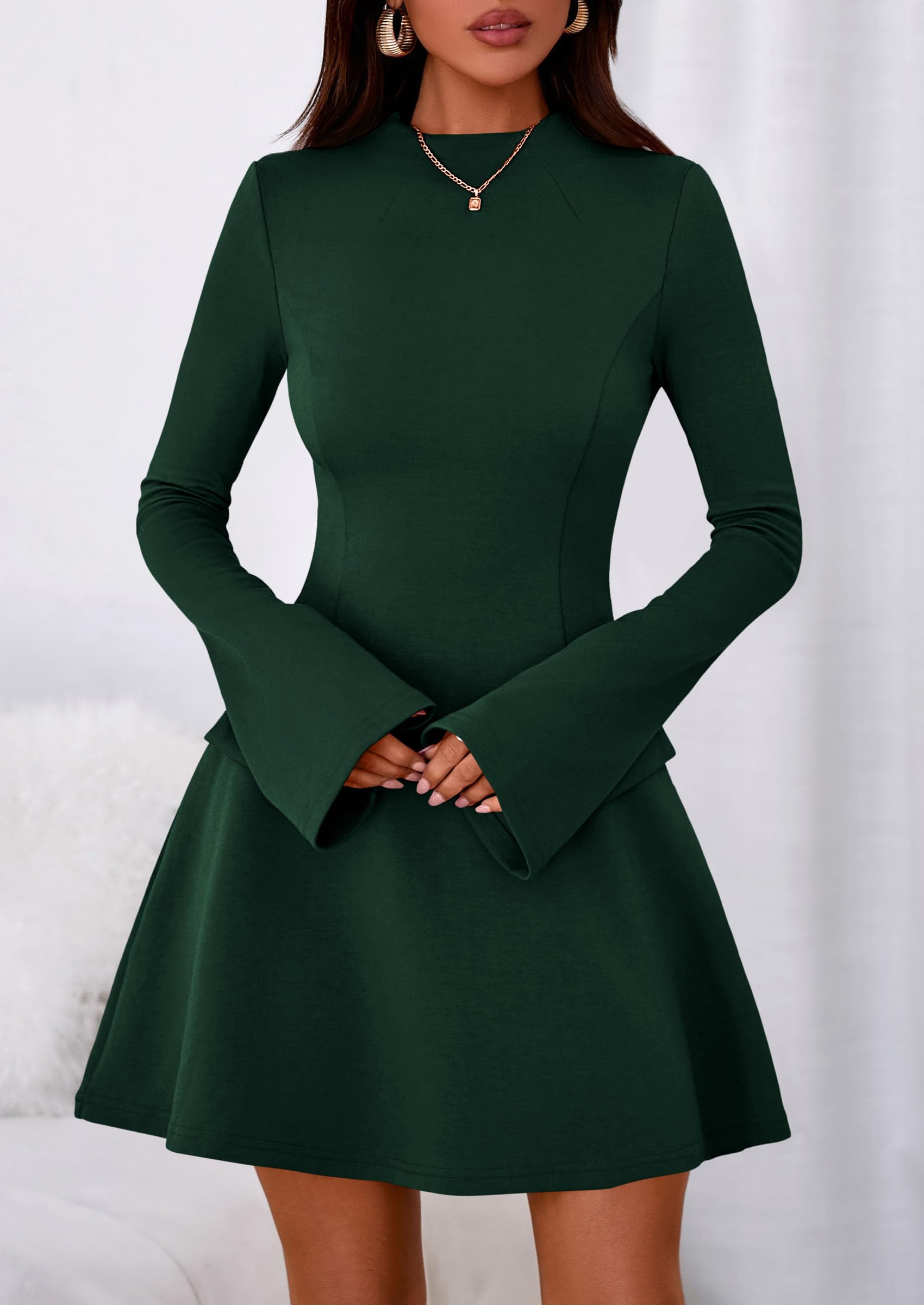 PRETTYGARDEN Women's Elegant Holiday Short Dress  Fall Bell Long Sleeve Mock Neck Work Business Casual Party Mini Dress
