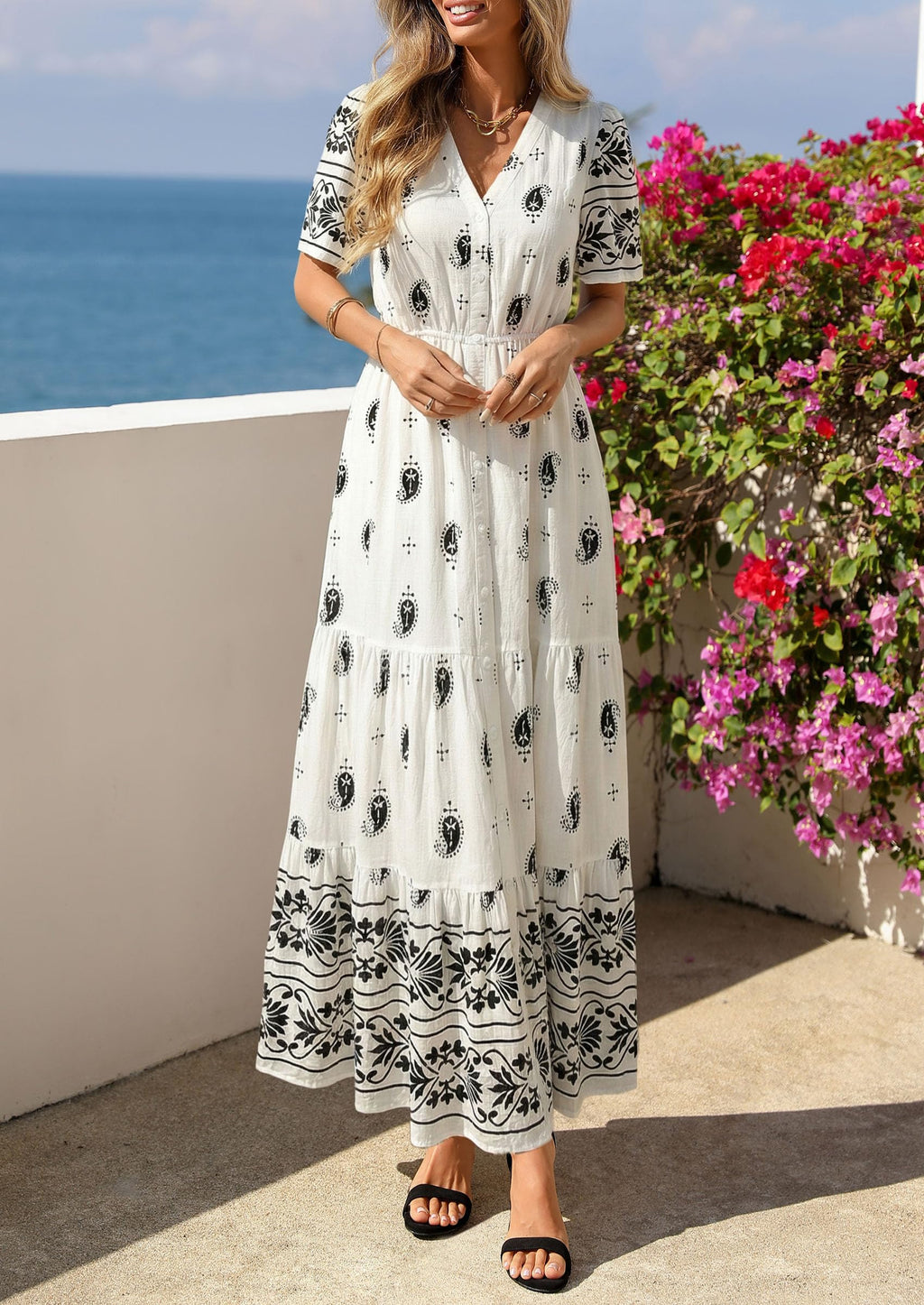 PRETTYGARDEN Womens Summer Boho Maxi Dress Trendy Short Sleeve V Neck Flowy Beach Floral Dresses with Pockets