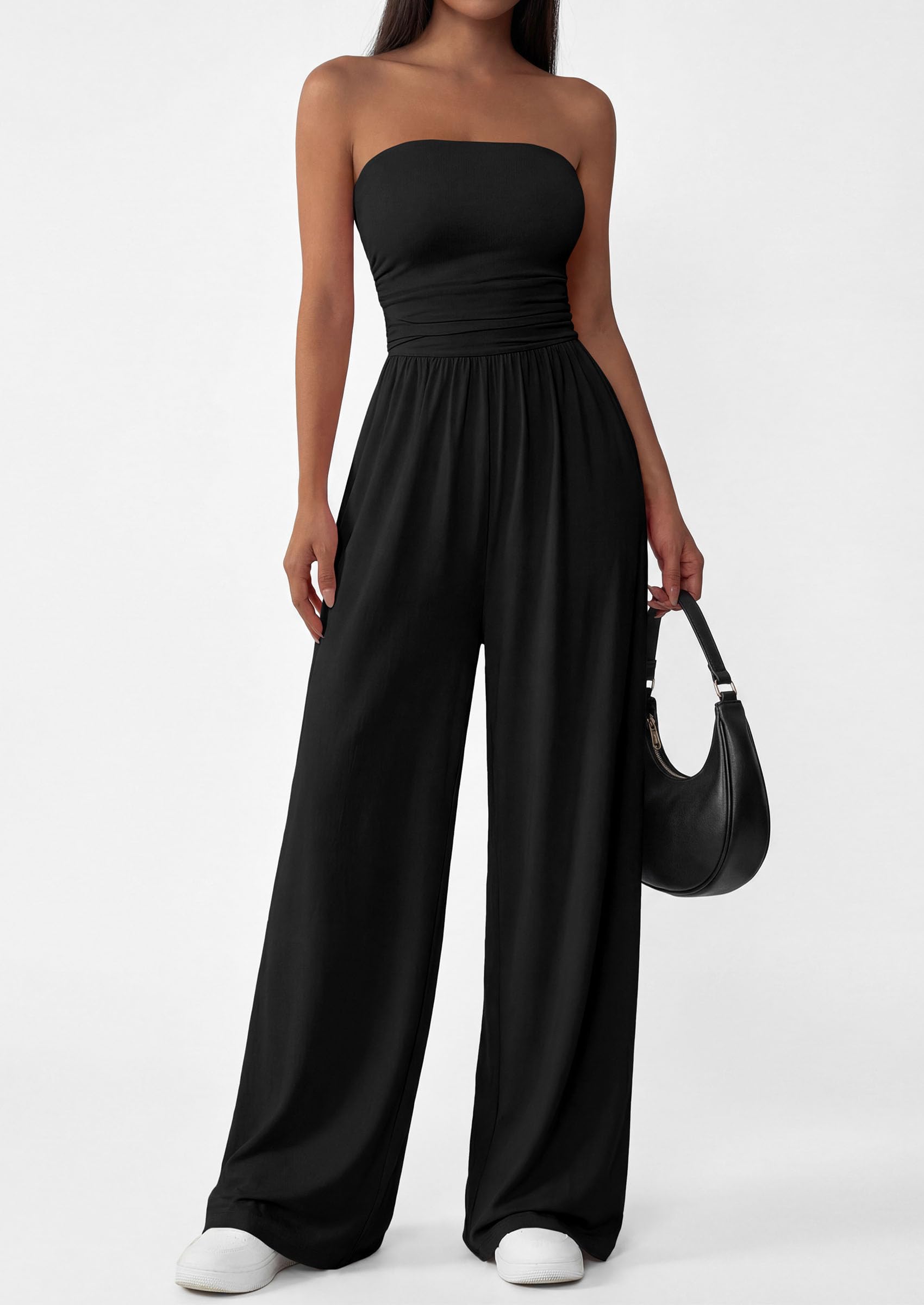 PRETTYGARDEN Womens Trendy Strapless Rompers Ruched Tube Top Wide Leg One Piece Jumpsuits Beach Vacation Summer Outfits