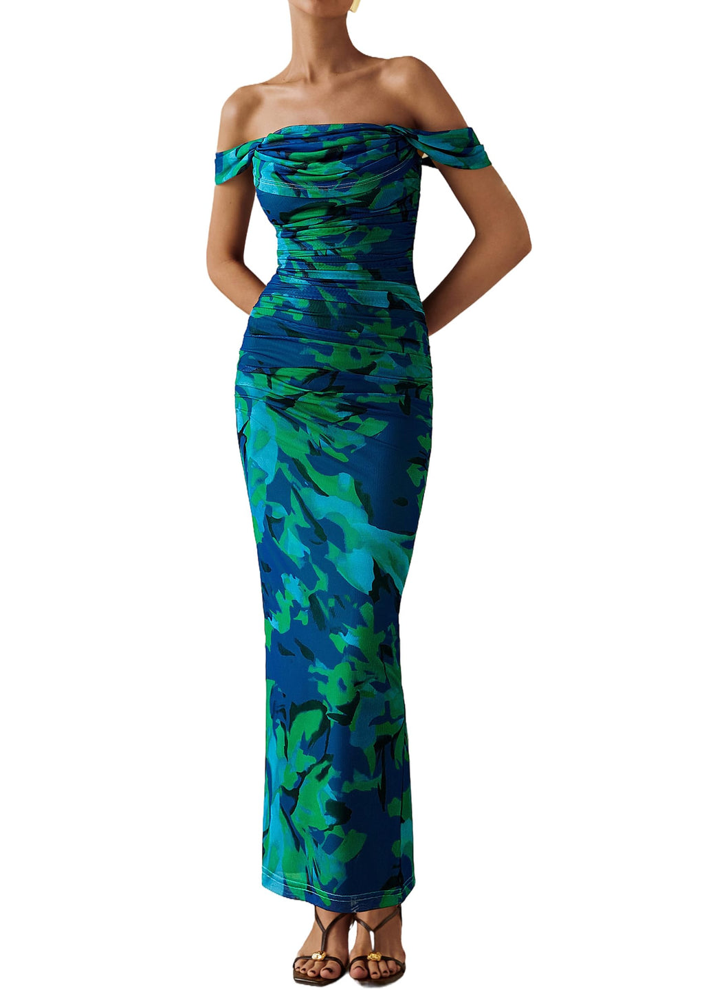 PRETTYGARDEN Cocktail Dresses for Women Summer Floral Off Shoulder Ruched Mesh Elegant Wedding Guest Maxi Dress