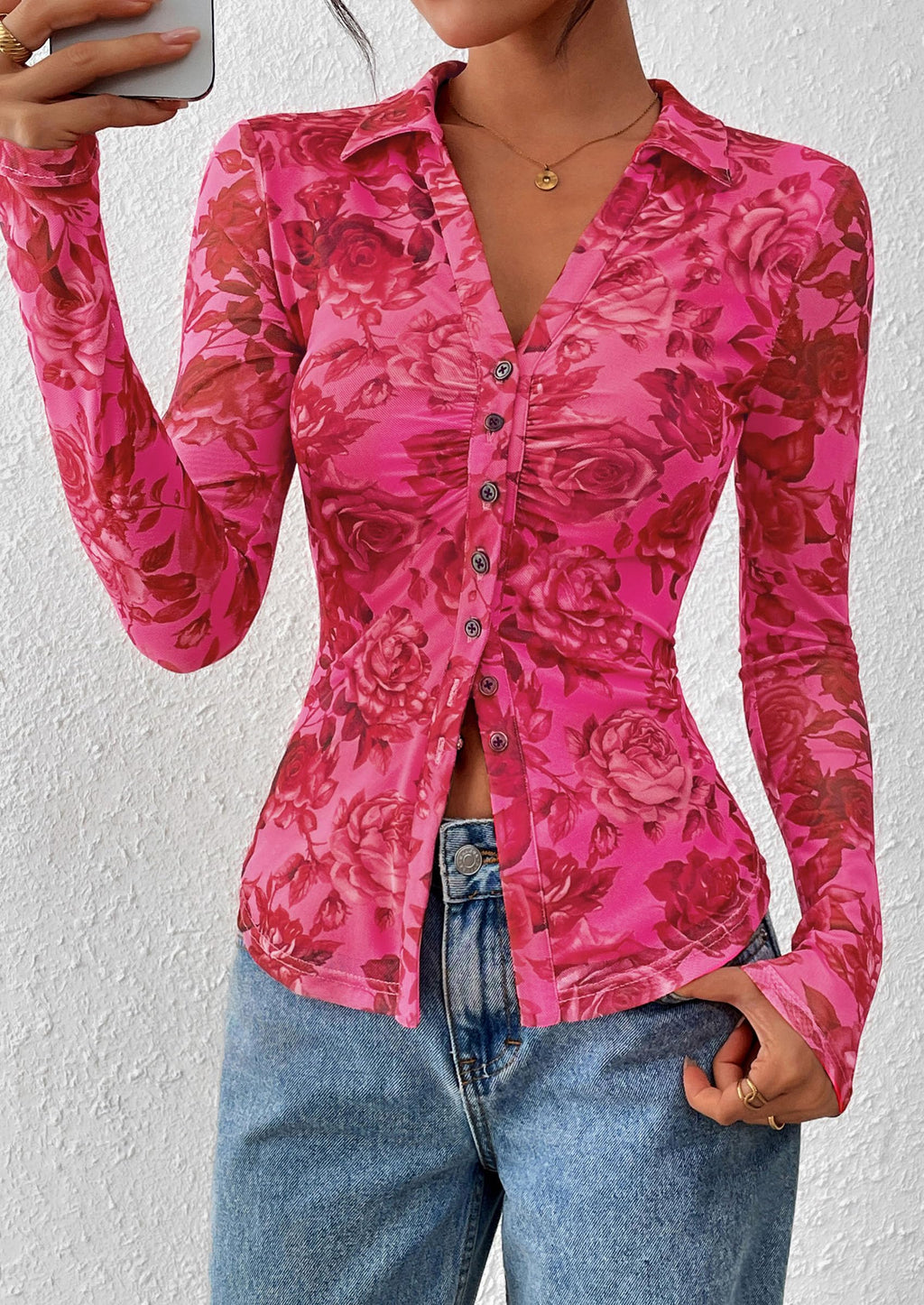 PRETTYGARDEN Women Button Down Floral Shirts Fall Trendy Long Sleeve V Neck Mesh Boho Blouse Spring Tops Date Outfits