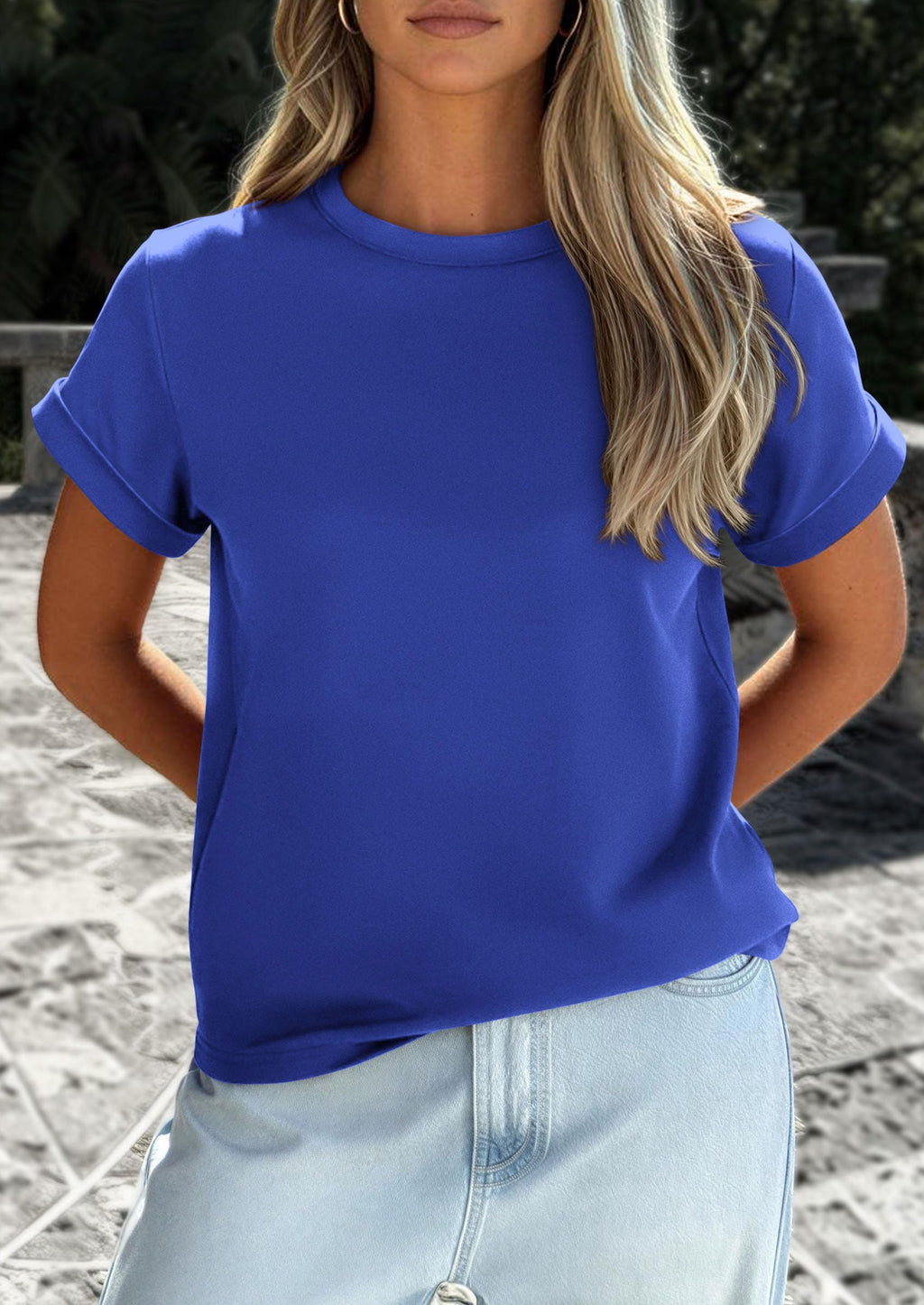 PRETTYGARDEN Womens Summer Tops Spring Casual Rolled Short Sleeve Basic Tees Crew Neck Work Shirts Fashion Clothing