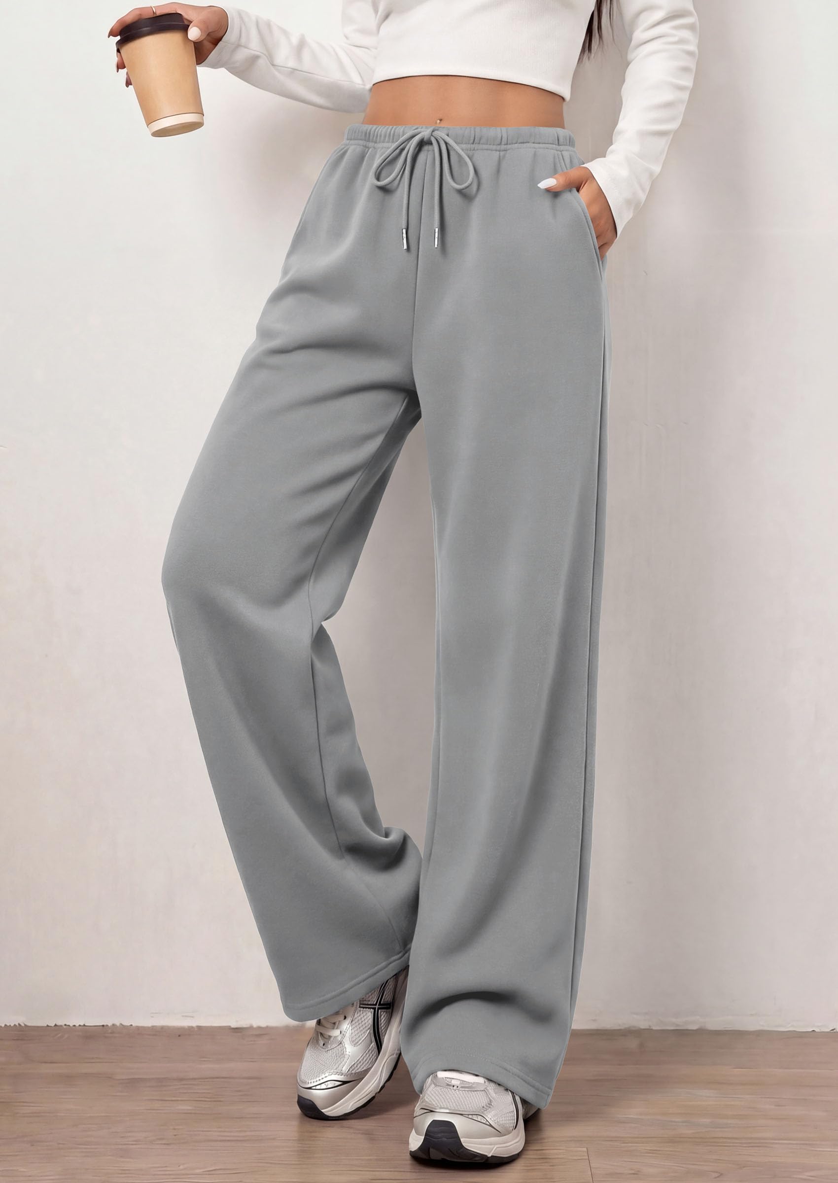 PRETTYGARDEN Womens Wide Leg Sweatpants Fleece Lounge Pants | Elastic Drawstring Waist,Baggy Jogger Yoga Sweat pants,Pockets,Fall Winter Clothes,Loose Daily Casual & Loungewear Trousers