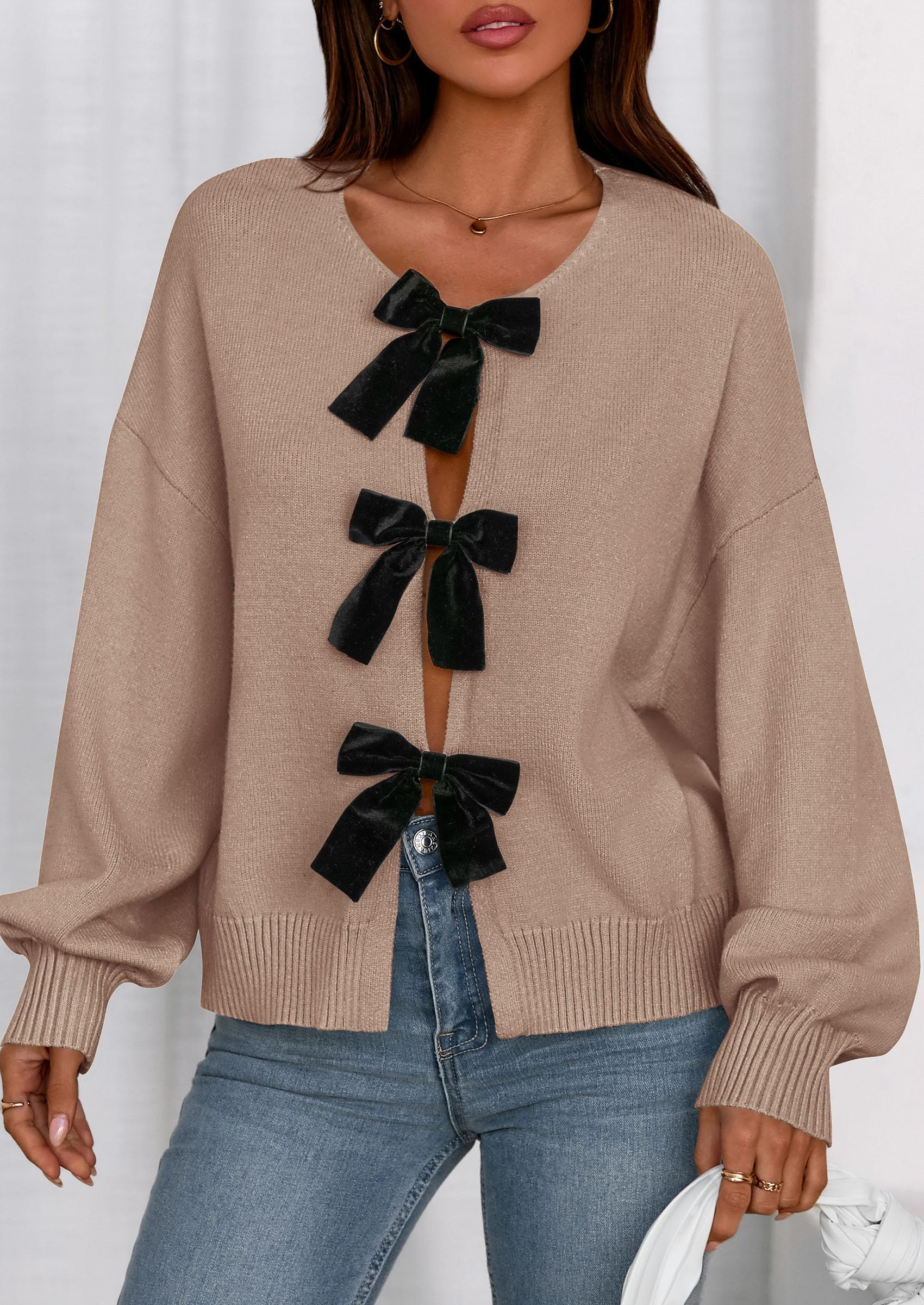 PRETTYGARDEN Cardigan Sweaters for Women Fall Fashion Bow Tie Front Long Sleeve Knit Sweater Tops Cute Winter Clothes