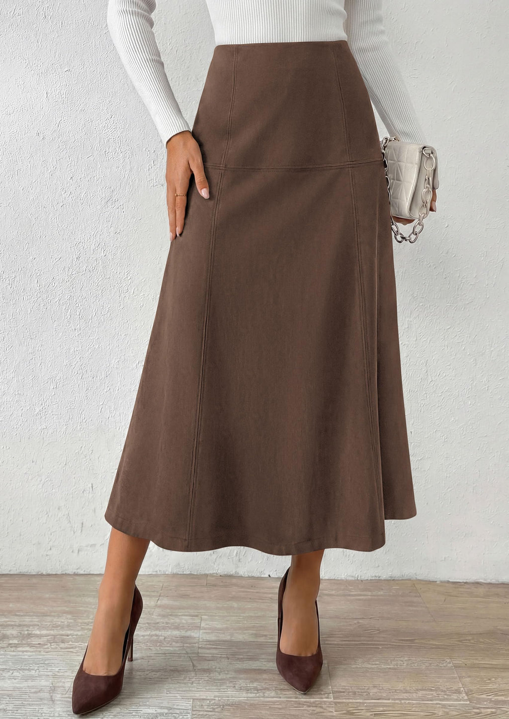 PRETTYGARDEN Womens High Waist Faux Suede A Line Midi Skirt | Hidden Stretch Elastic Waist, Front Back Panel Stitching, Vintage Elegant Mid-Calf Long Skirts for Fall Winter Office Daily