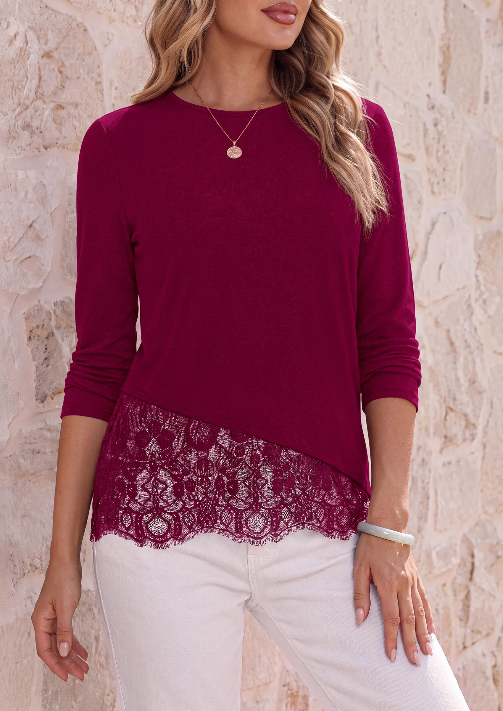 PRETTYGARDEN Women's Lace Patchwork Long Sleeve Shirts | Soft Casual Tops,Irregular Asymmetrical Hem,Crew Neck Thermal Blouses,Loose Fit Layer Tee,Fashion Fall Winter Daily Wear