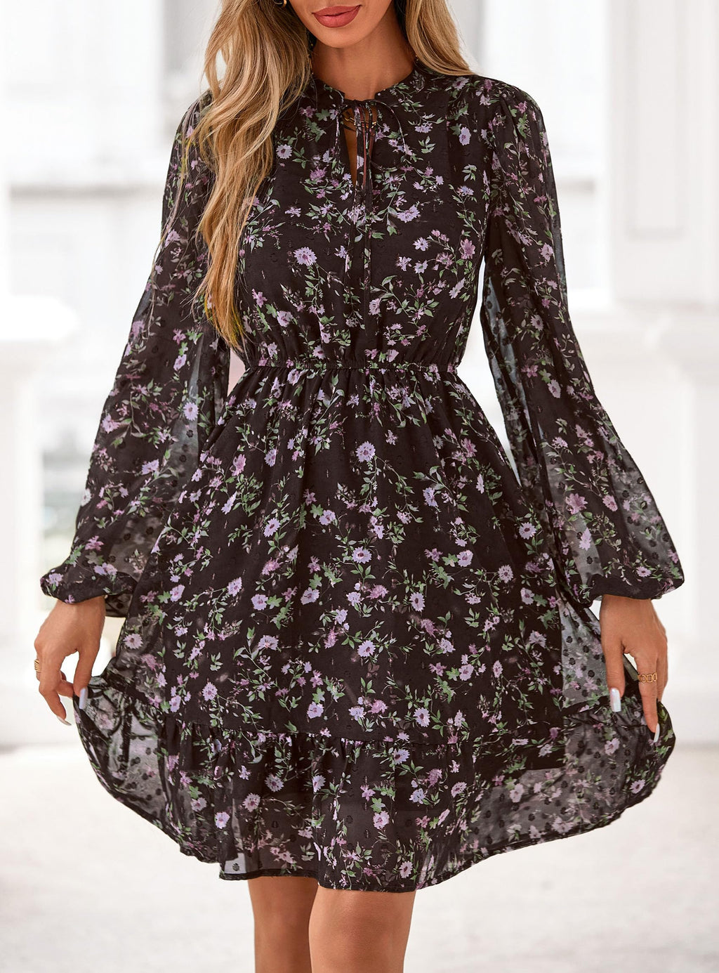 PRETTYGARDEN Women's Fall Boho Dresses  Floral Long Sleeve V Neck Mini Flowy Wedding Guest Dress Trendy Vacation Outfits