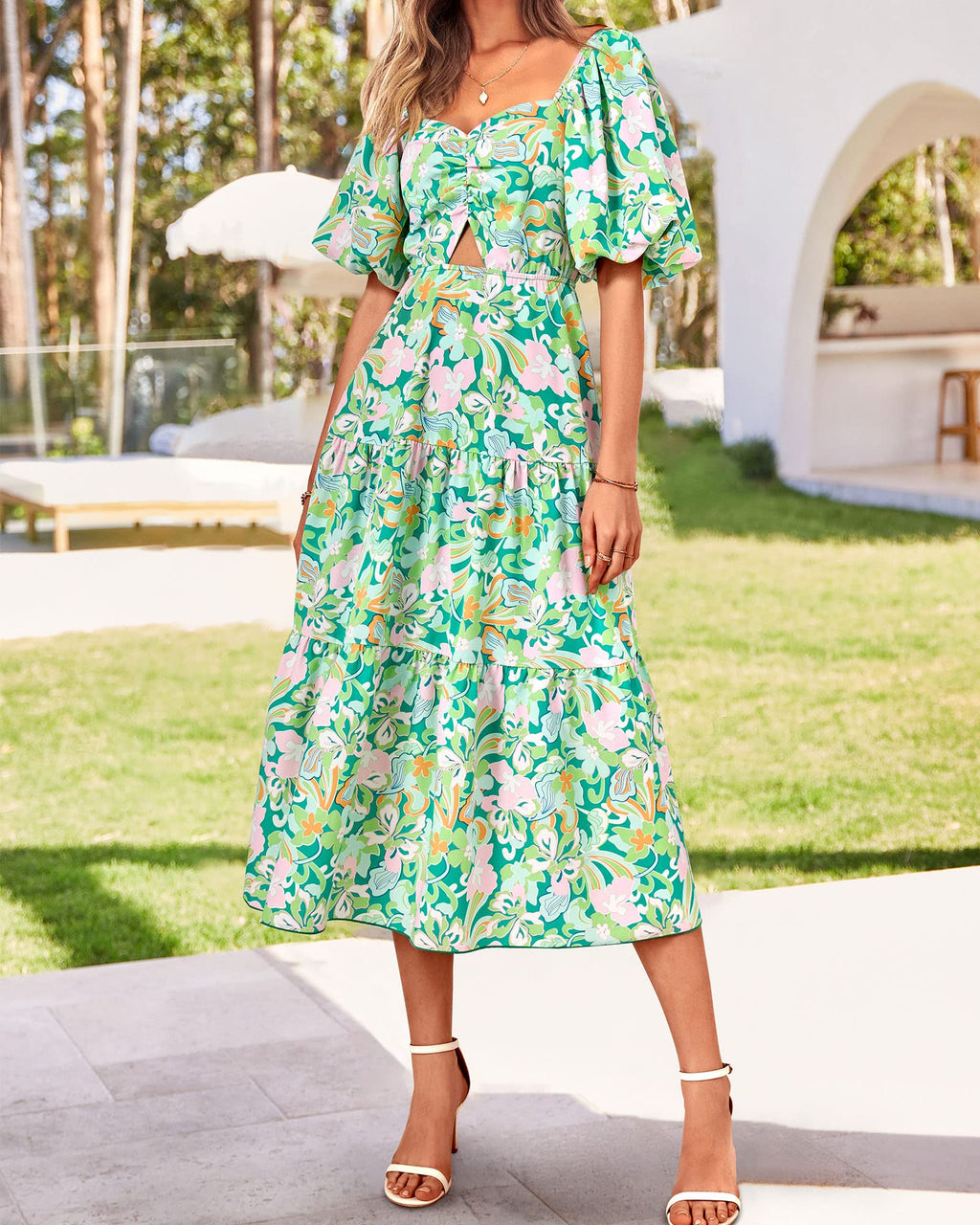 FreshPretty Women Summer Dresses Casual Flowy Beach Square Neck Puff Short Sleeve Smocked Back Boho Floral Long Maxi Dress