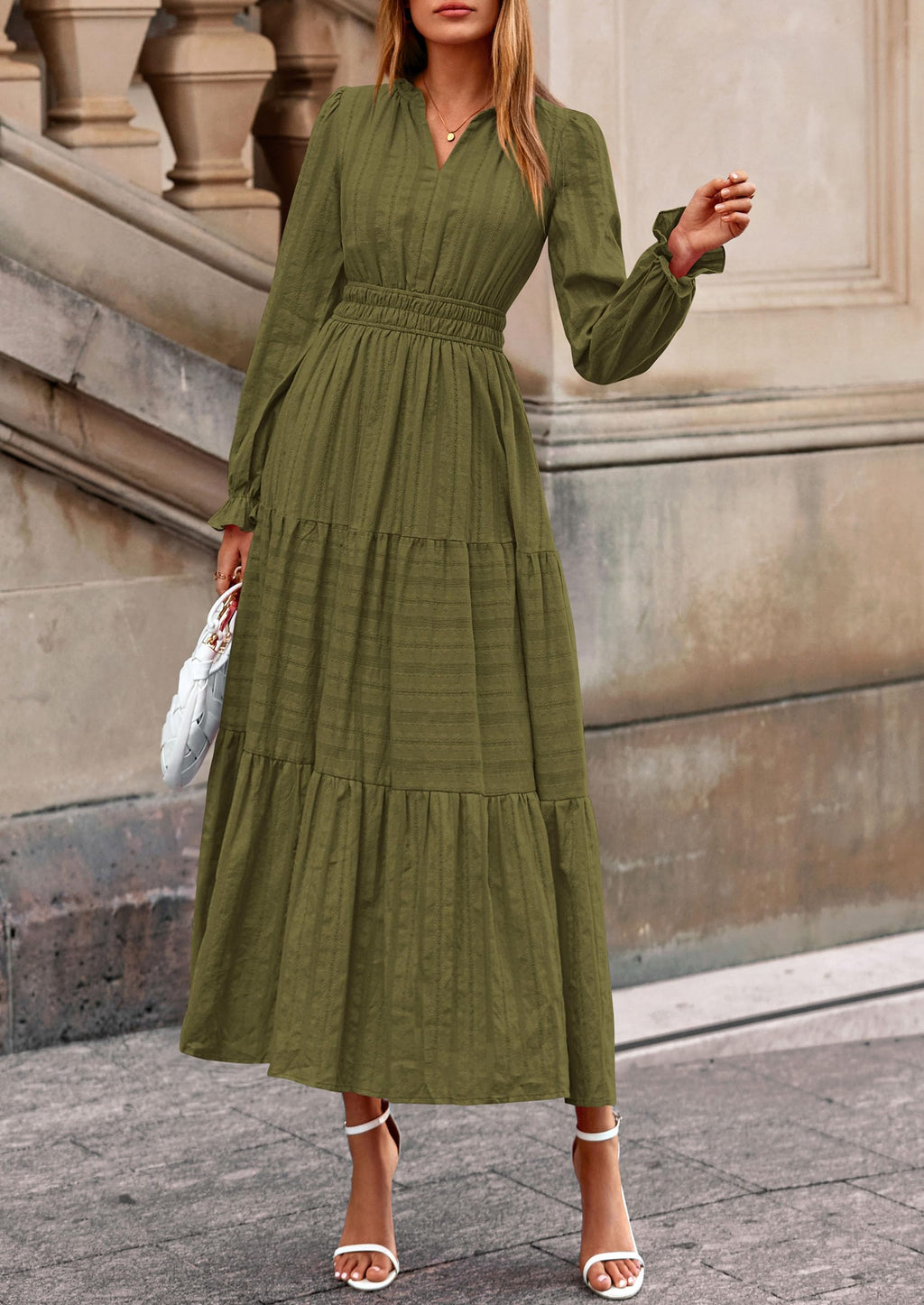 PRETTYGARDEN Women's Fall Wedding Guest Dresses Long Sleeve V Neck Flowy Elegant Holiday Party Maxi Dress with Pockets