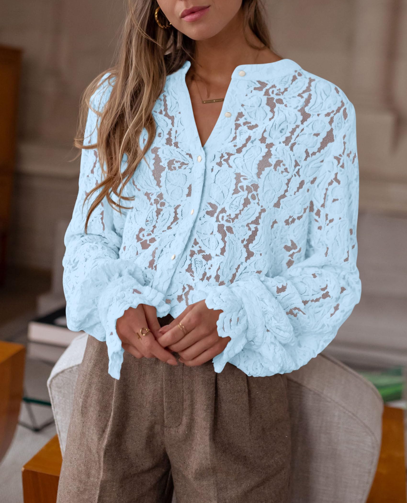 PRETTYGARDEN Women's Dressy Casual Lace Blouse Long Sleeve Button Up Shirts Tops Spring Fall Fashion Clothes