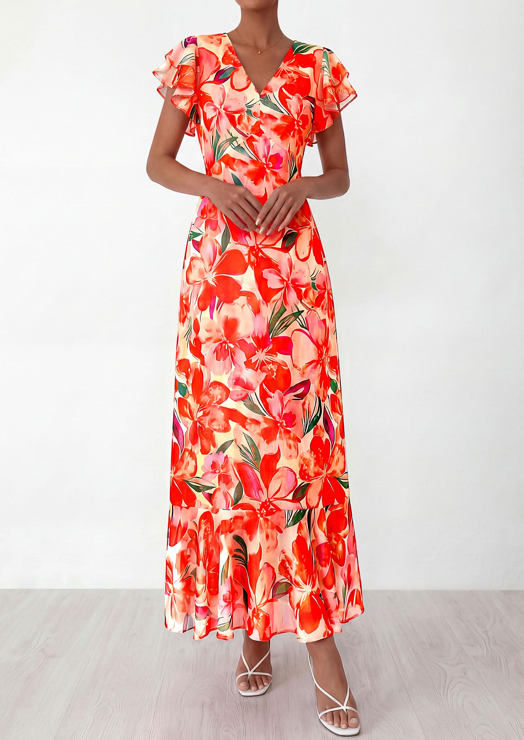 PRETTYGARDEN Womens Summer Floral Maxi Dresses Spring Short Sleeve Ruffle V Neck Flowy Boho Long Beach Vacation Sundress