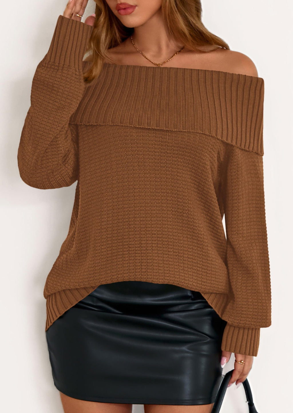 PRETTYGARDEN Womens Off The Shoulder Sweater Long Sleeve Tops Loose Knit Pullover Sweaters Fashion Fall Clothes