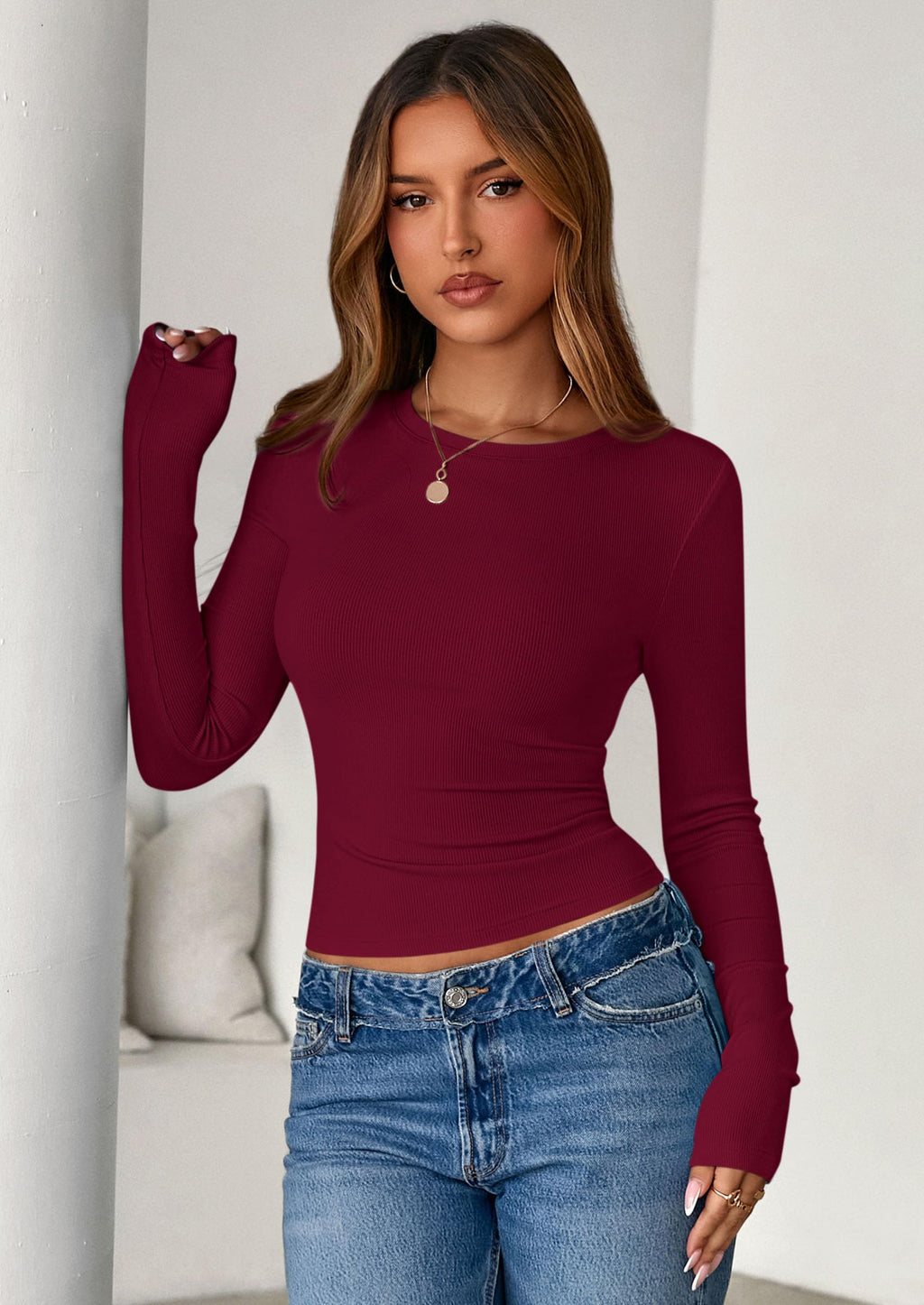 PRETTYGARDEN Women Fall Clothes Long Sleeve Shirts Ribbed Knit Fitted Basic Tee Going Out Tops Underscrub Casual Outfits