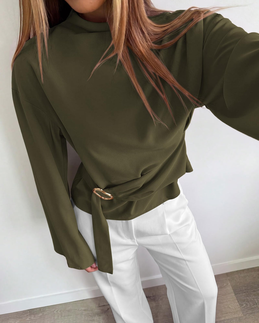 BTFBM Women Business Casual Blouses Bell Long Sleeve Tie Waist Top Mock Neck Back Zipper Shirt, Elegant Dressy Buckle Tunic, Going Out Tops, Work Office Shirts, Early Fall Fashion