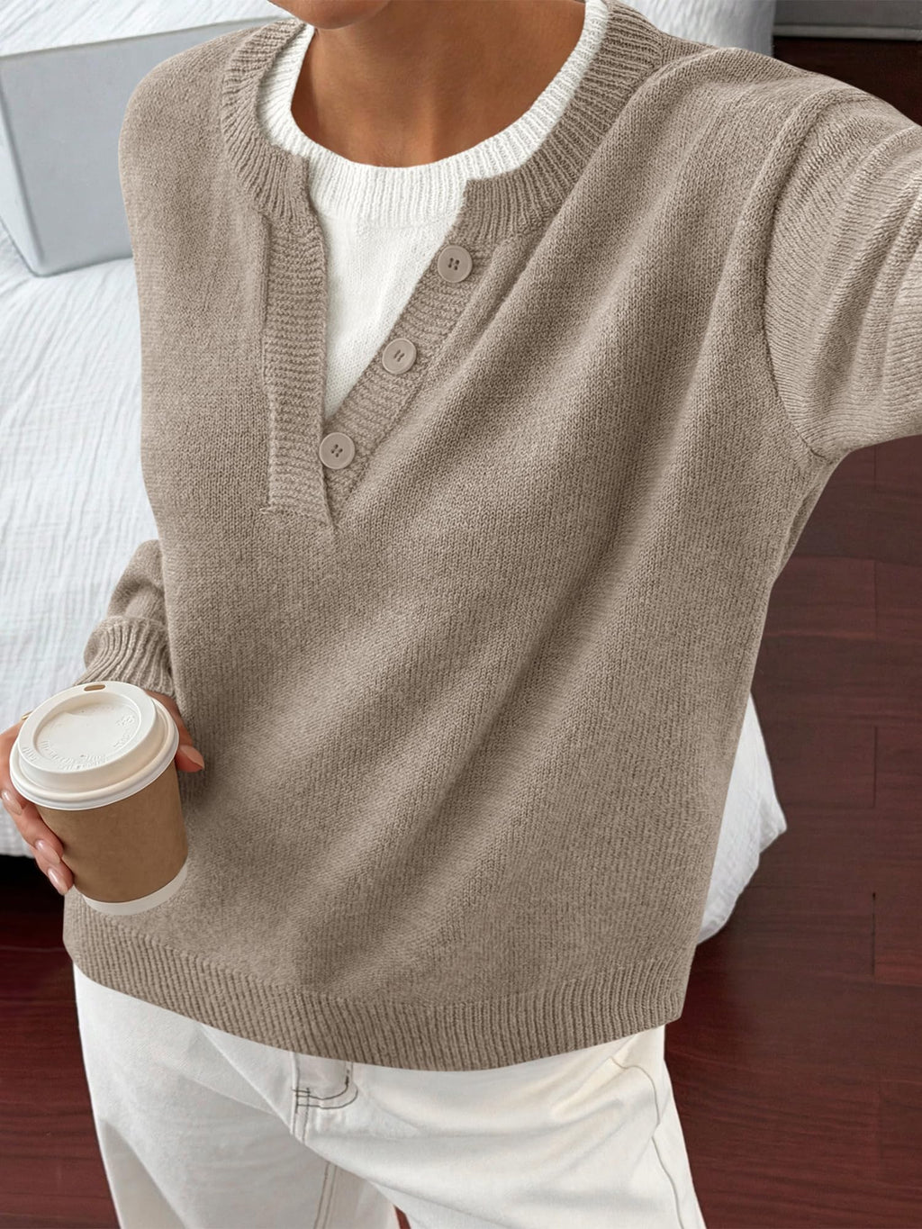 BTFBM Women Long Sleeve Crew Neck Sweaters Tops, 2 in1 Knitted Pullover, Deco Buttons, Oversized, Stretchy, Vacation, Business Casual Outfits, Fall Winter Trendy
