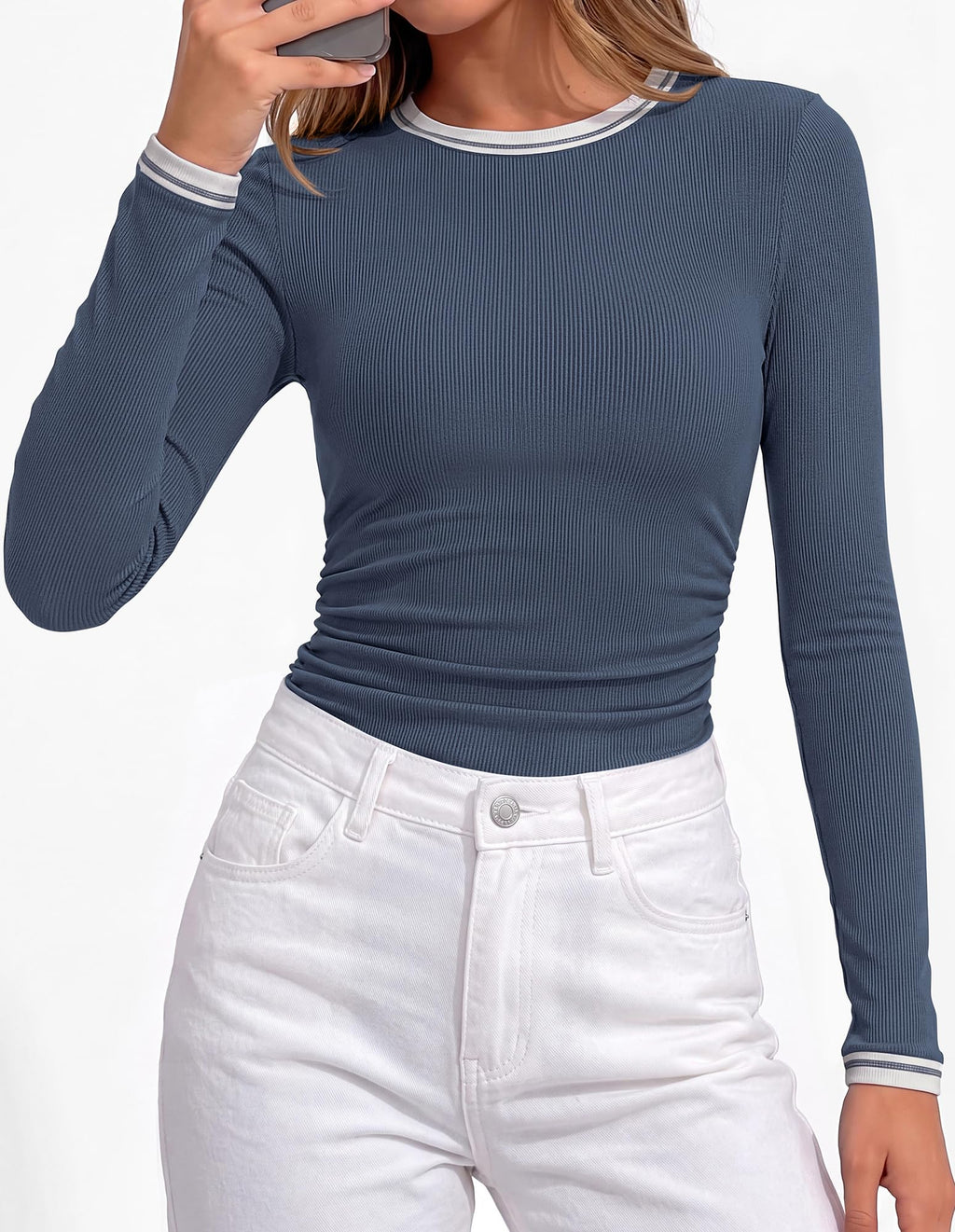 BTFBM Ribbed Long Sleeve Shirts for Women Fitted Underscrub Contrasting Crew High Neck, Ruched Side, Y2k Going Out Tops, Date Night Outfit, Work Top, Winter Fall Fashion Clothing