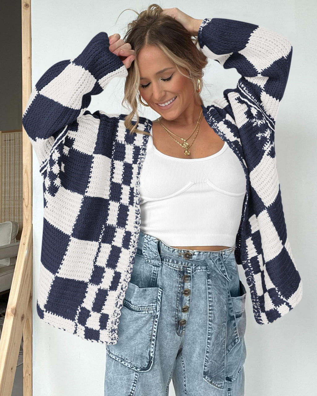 FreshPretty Casual Cardigan Sweater for Women Fall Long Sleeve Open Front Chunky Knit Sweaters Checkered Outwear Coat