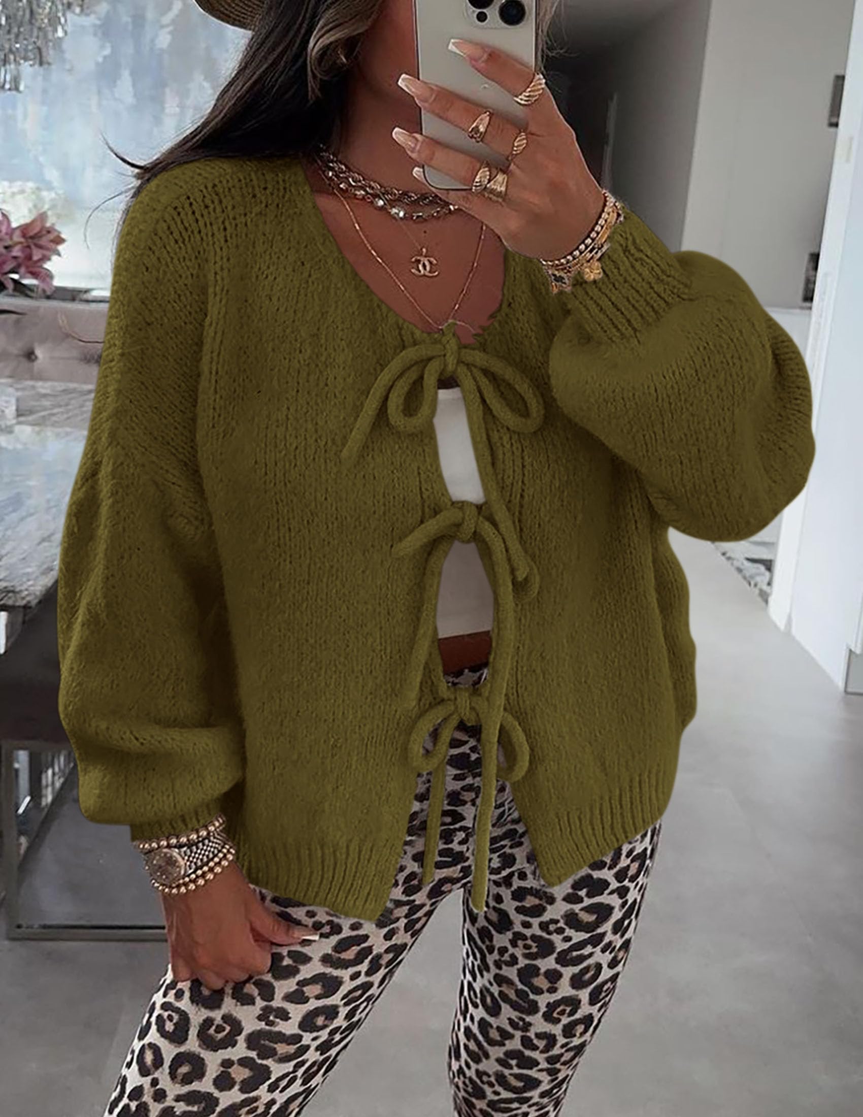 PRETTYGARDEN Women's Tie Front Bow Cardigan Sweaters Chunky Knit Long Puff Sleeve Trendy Fall Winter Jacket Coat