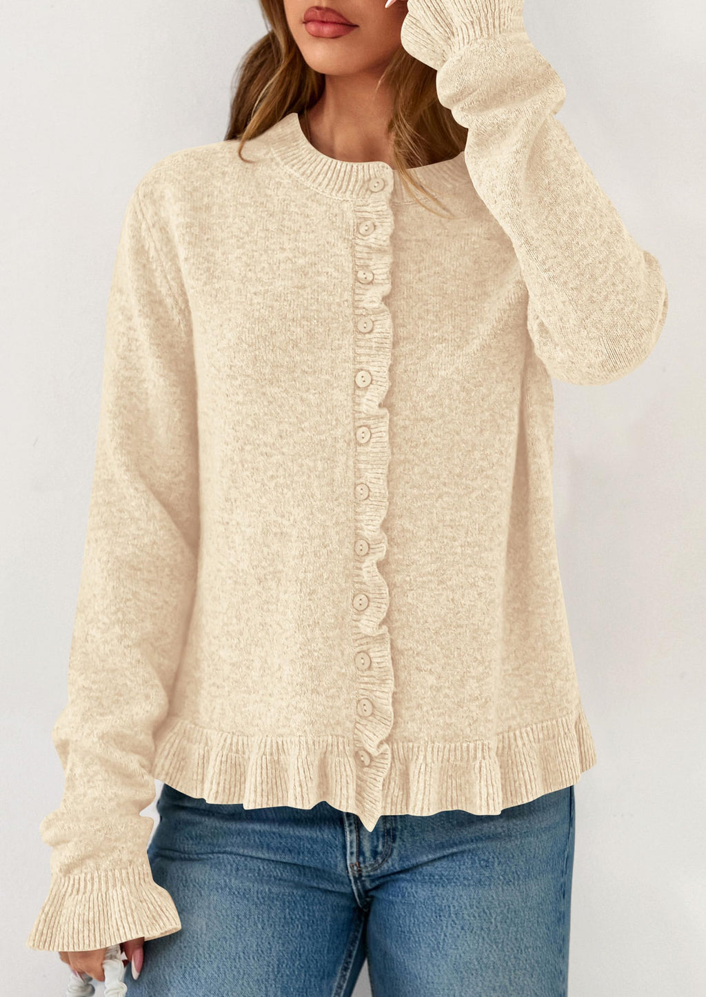 PRETTYGARDEN Womens Fall Button Down Cardigans Chunky Knit Ruffle Open Front Cropped Cardigan Sweaters Soft Long Sleeve Tops