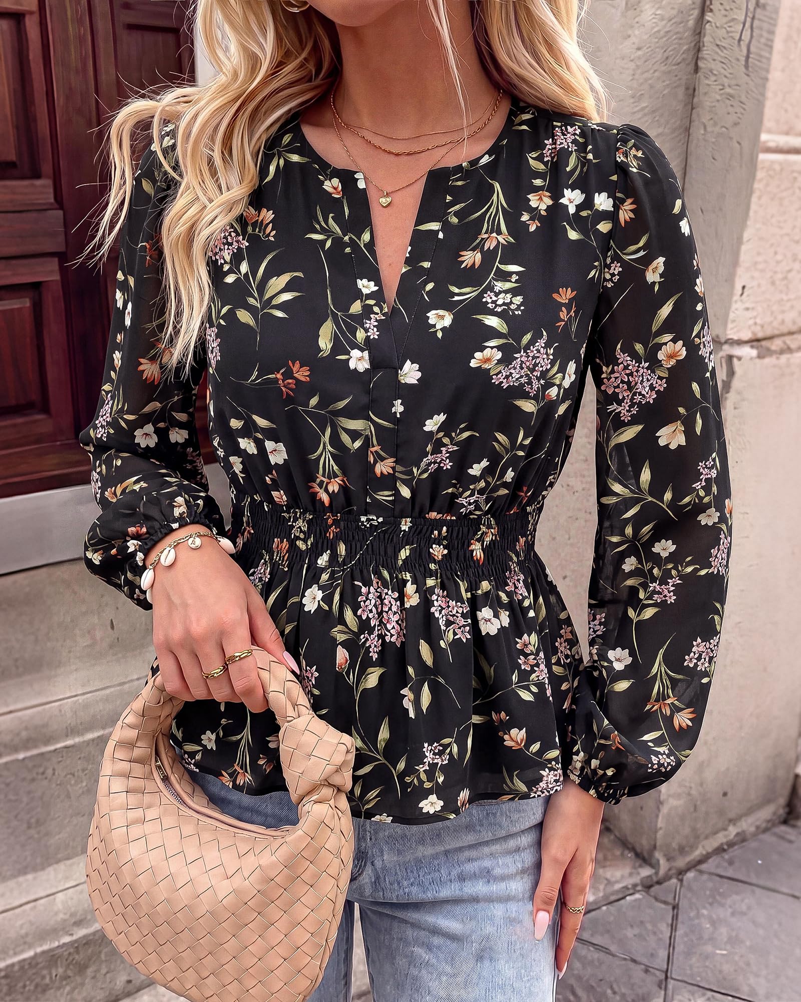 BTFBM Womens Tops Dressy Casual Floral V Neck Long Sleeve Chiffon Shirts | Chiffon Lantern Sleeve Flowy Peplum Sheer Top,Elastic Waist Babydoll Blouses,Boho Vacation Outfits,Fall Fashion Clothing