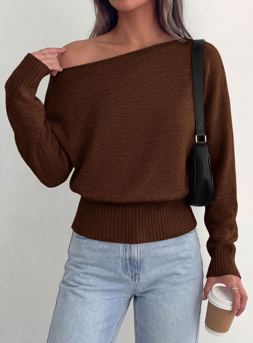 PRETTYGARDEN Womens Off The Shoulder Sweater Fall Fashion Soft Stretchy Knit Fabric, Batwing Long Sleeve Cinched Waist Cropped Sweaters, Date Night Outfit, Asymmetrical Going Out Tops