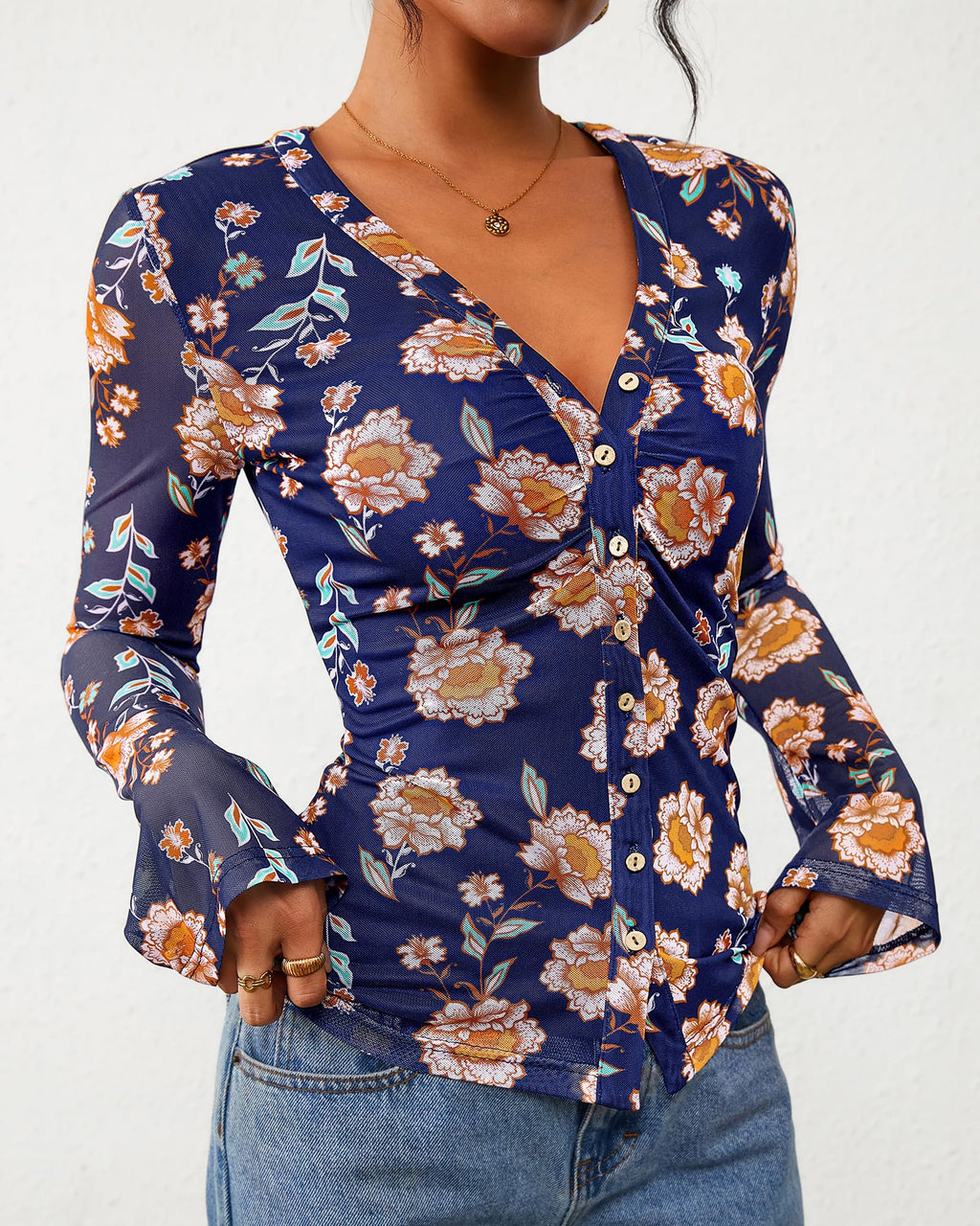 FreshPretty Button Down Shirts for Women Fall Fashion V Neck Long Sleeve Blouse Ruched Mesh Fitted Floral Print Boho Tops