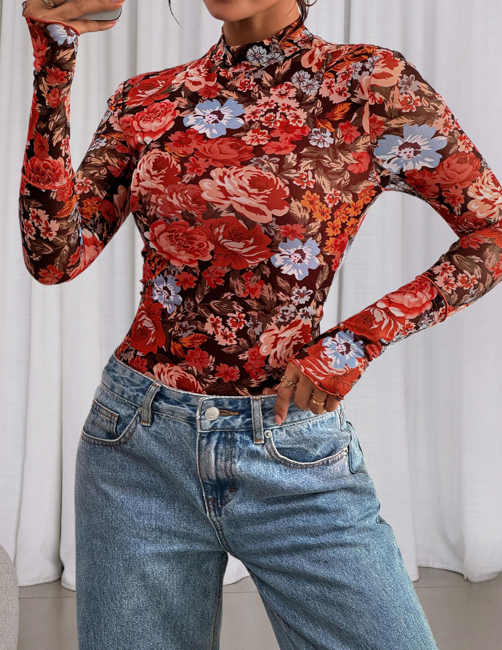 PRETTYGARDEN Womens Fall Mesh Floral Blouses Long Sleeve Going Out Tops Slim Fitted Shirts Date Night Outfits