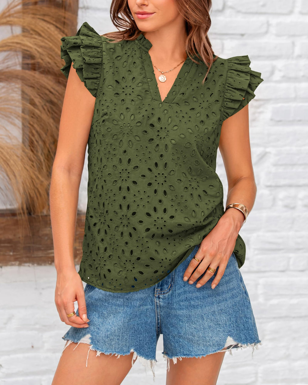 FreshPretty Women Summer Eyelet Tops Dressy Casual V Neck Ruffle Cap Sleeve Cotton Boho Shirts Lace Embroidered Blouses