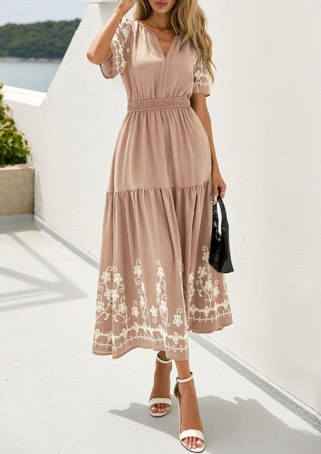 PRETTYGARDEN Women's Summer Boho Maxi Dress Spring Floral Short Sleeve V Neck A Line Flowy Beach Wedding Guest Dresses