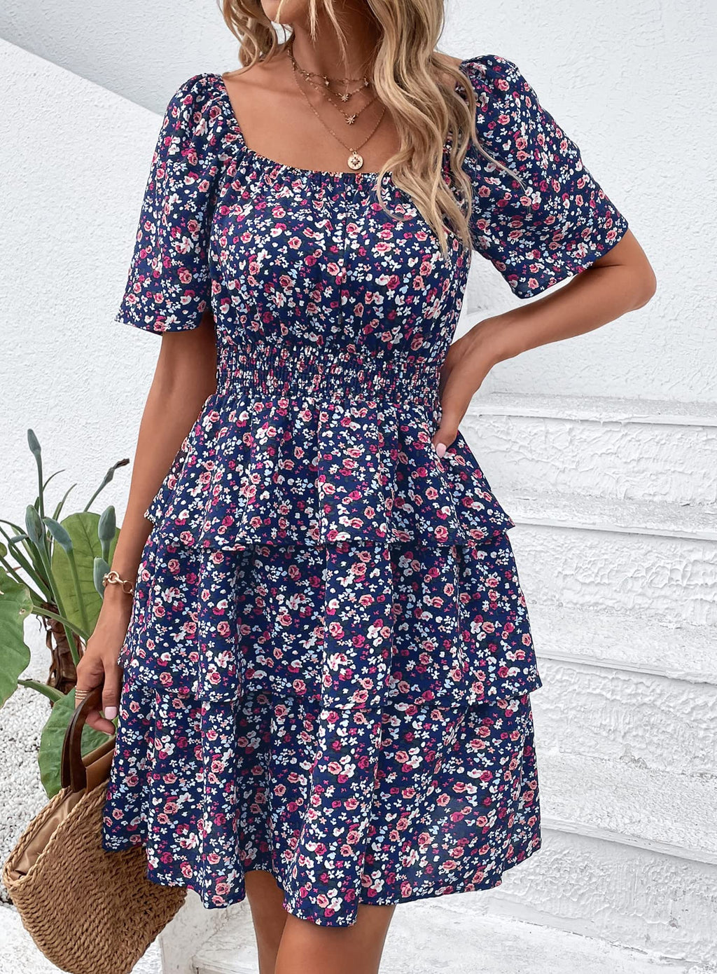 PRETTYGARDEN Women's  Floral Summer Short Dress Square Neck Short Sleeve Tiered Ruffle Boho Swing Dresses