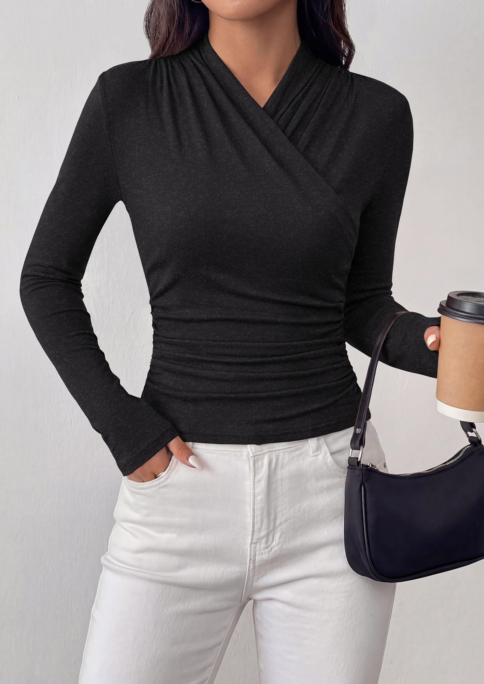 PRETTYGARDEN Womens Long Sleeve Shirts Going Out Wrap Top | Soft Heathered Stretchy Viscose Fitted Blouse, V Neck Ruched Waist Dressy Tops, Office Business Casual Fall Winter Daily Wear