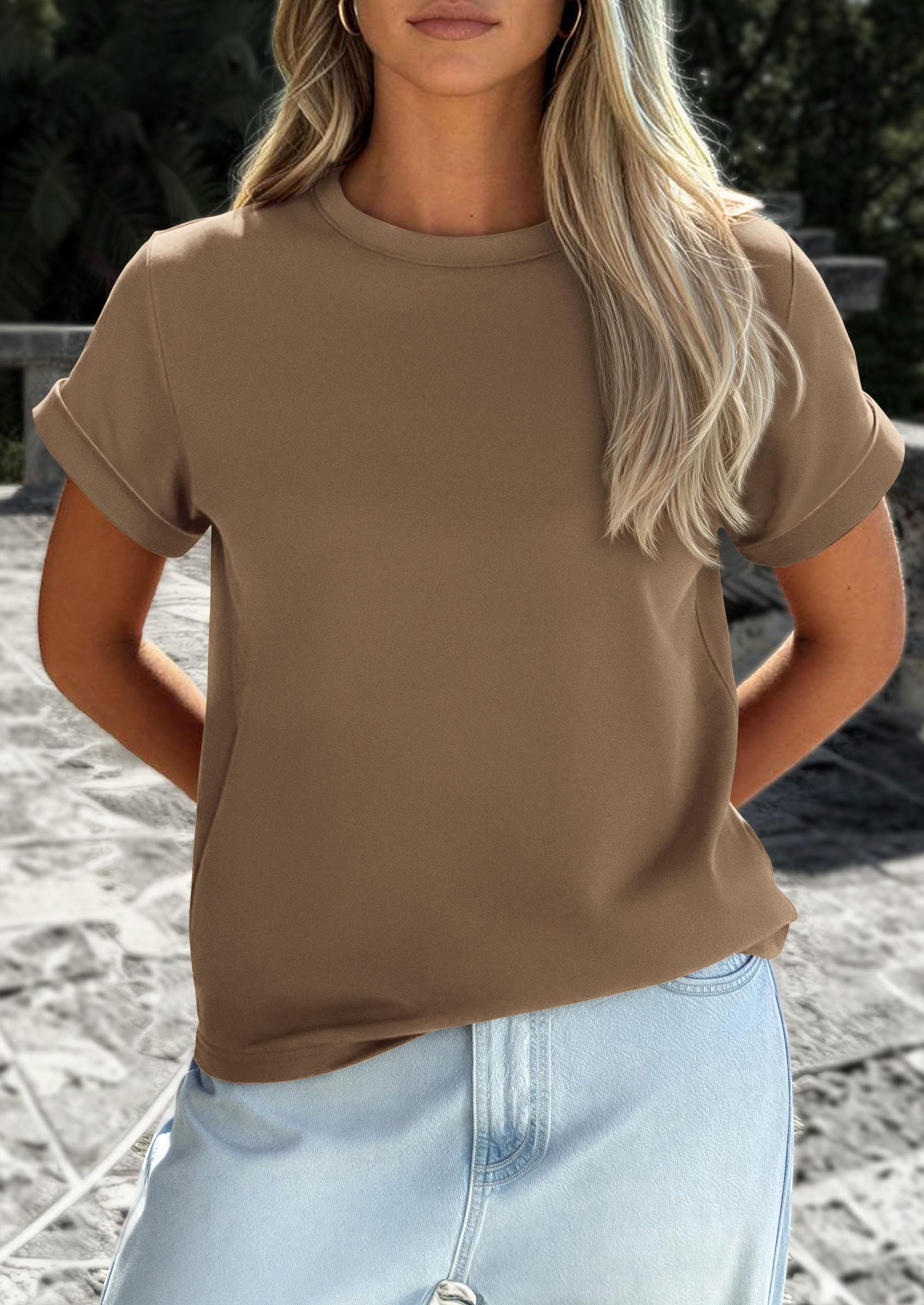 PRETTYGARDEN Womens Summer Tops Spring Casual Rolled Short Sleeve Basic Tees Crew Neck Work Shirts Fashion Clothing