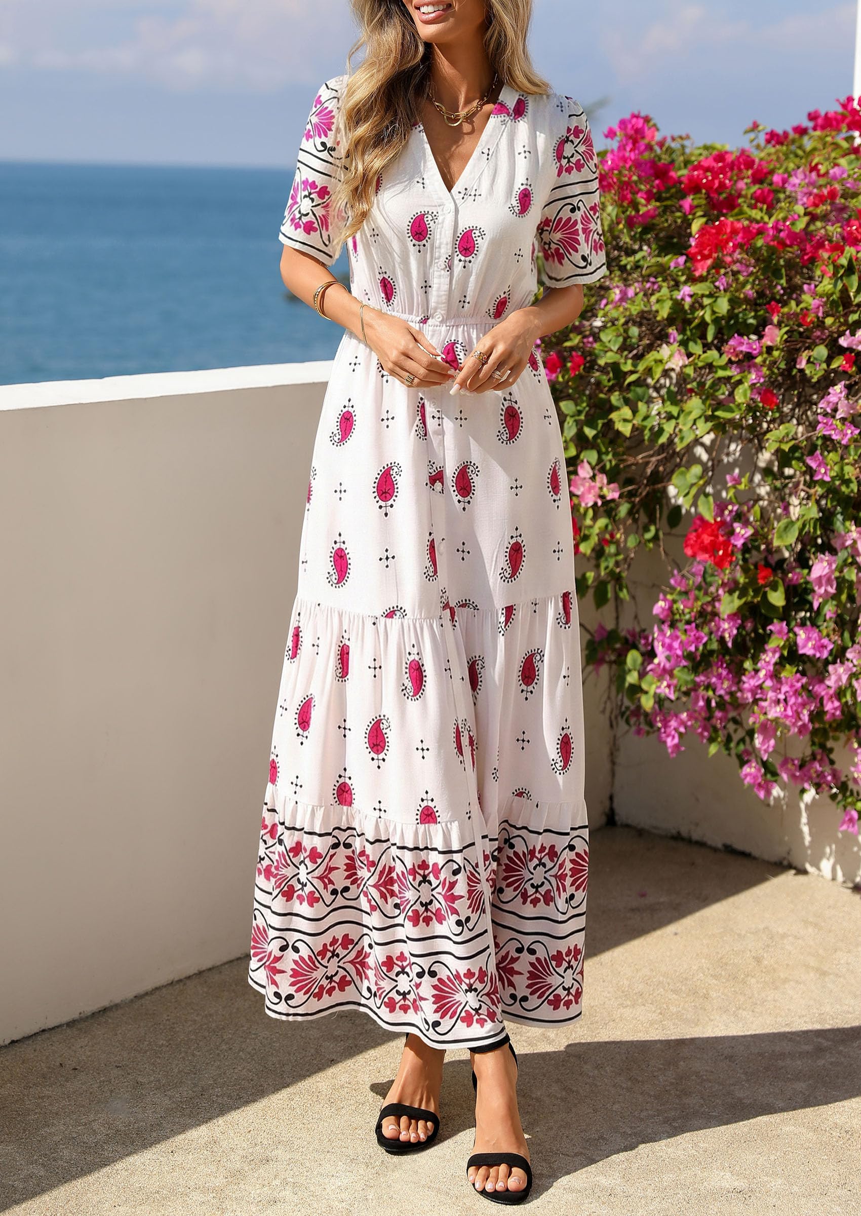 PRETTYGARDEN Womens Summer Boho Maxi Dress Trendy Short Sleeve V Neck Flowy Beach Floral Dresses with Pockets