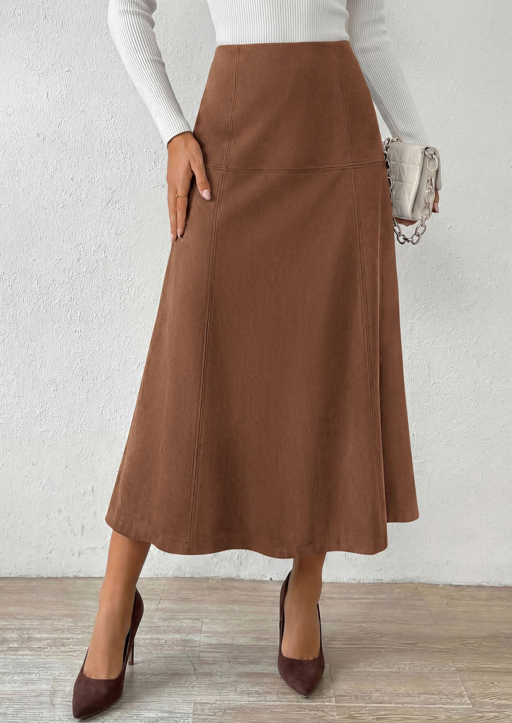 PRETTYGARDEN Womens High Waist Faux Suede A Line Midi Skirt | Hidden Stretch Elastic Waist, Front Back Panel Stitching, Vintage Elegant Mid-Calf Long Skirts for Fall Winter Office Daily